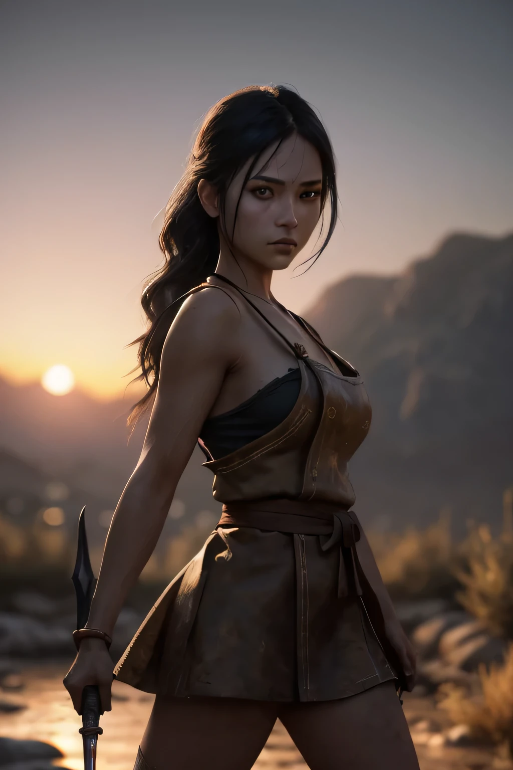(masterpiece), (very complicated:1.3), (realistic), girl portrait, (dark fantasy, ????), (dynamic perspective), the most beautiful in the world, (waitress), outdoor, dynamic angle, running fighting stance, dry river bed, Kure, Haifa, Stunning female professional photo details, sharp focus, dramatic, Award history, cinematic lighting, Octane Rendering Unreal Engine, volumetrics dtx, (film grain, blurred background, blurred foreground, Bokeh, Depth of the bounds written, sunset), holding sickle