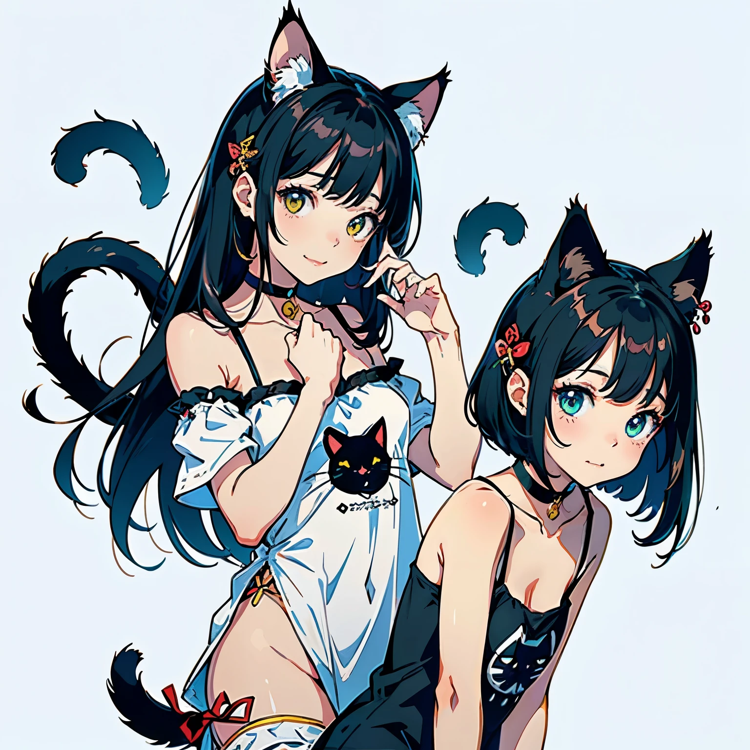 (highest quality, masterpiece, High resolution)、(anime art)、cinematic light、soft light、two girls、black hair、Black cat costume、White Cat Costume、Tabby cat costume、Striped cat costume、Persian Cat Costume、3-color cat costume、(loose t-shirt)、loose shirt、off shoulder、sexy mini dress、(Cat ear)、bob cut、semi-long、bun hair、hair ornaments、choker、Cute face details、enchanting smile、small breasts、whole body、(cat pose)、((sexy gesture))、beckoning、playing、dance、Cat jarashi、Crackers popping、Party Decoration、((white background))、