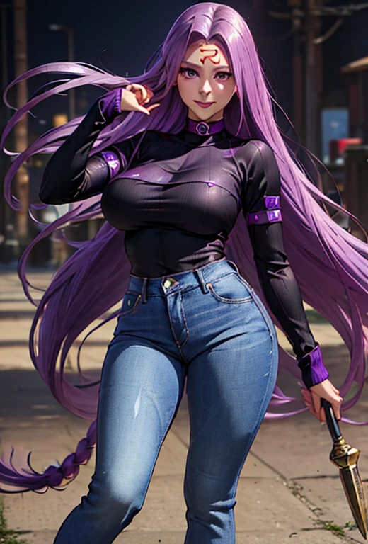 high resolution,ultra-detailed,best quality,high  resolution,8k,,1woman, {medusa_FGO:1.15},full,body,perfect face,looking at viewer,s(((realistic))),pale skin fighter,(((long straight purple hair)),eyes,seductive smile,(((large breasts))),large ass,,(black sweater),((jeans)),boots,choker,contrapposto stand,clothed,(Red rein mark on forehead),