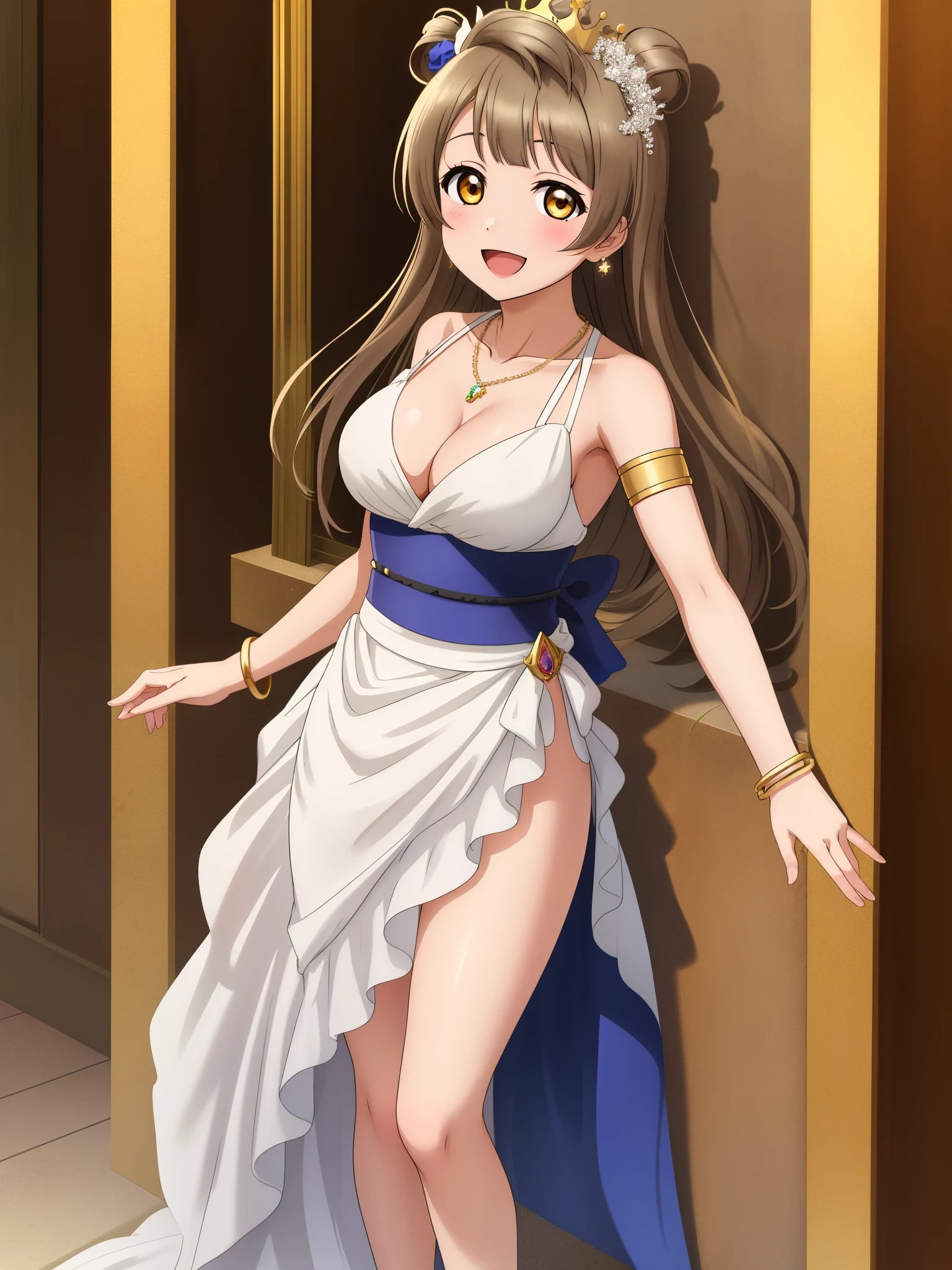 Minami kotori, breasts, looking_at_viewer, smile,:D, dress, cleavage, jewelry, necklace, white_dress, halter neck,bracelet, sash, armlet,  laurel_crown, in roman castle , standing