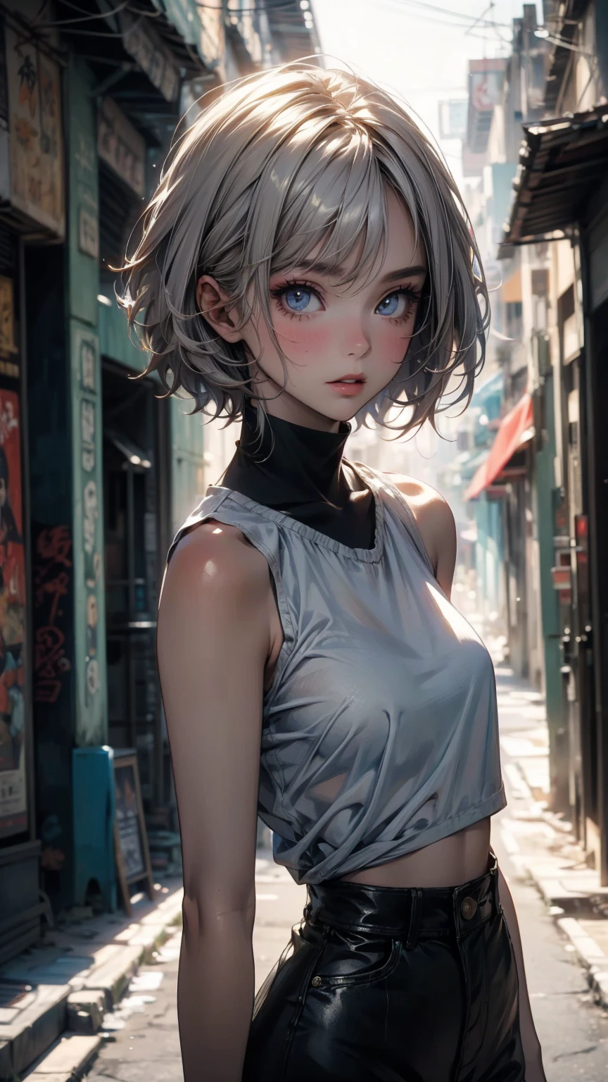(masterpiece, High resolution, highest quality), ((20 year old woman, Composition from head to stomach, Upper body focus)), fashion pose, detailed eyes, Avant-garde makeup, messy short hair:1.2, ash gray hair, grunge fashion, blurred background, The deserted backstreets of Cuba:1.3, cinematic lighting, anime style, simple lines, digital painting,
