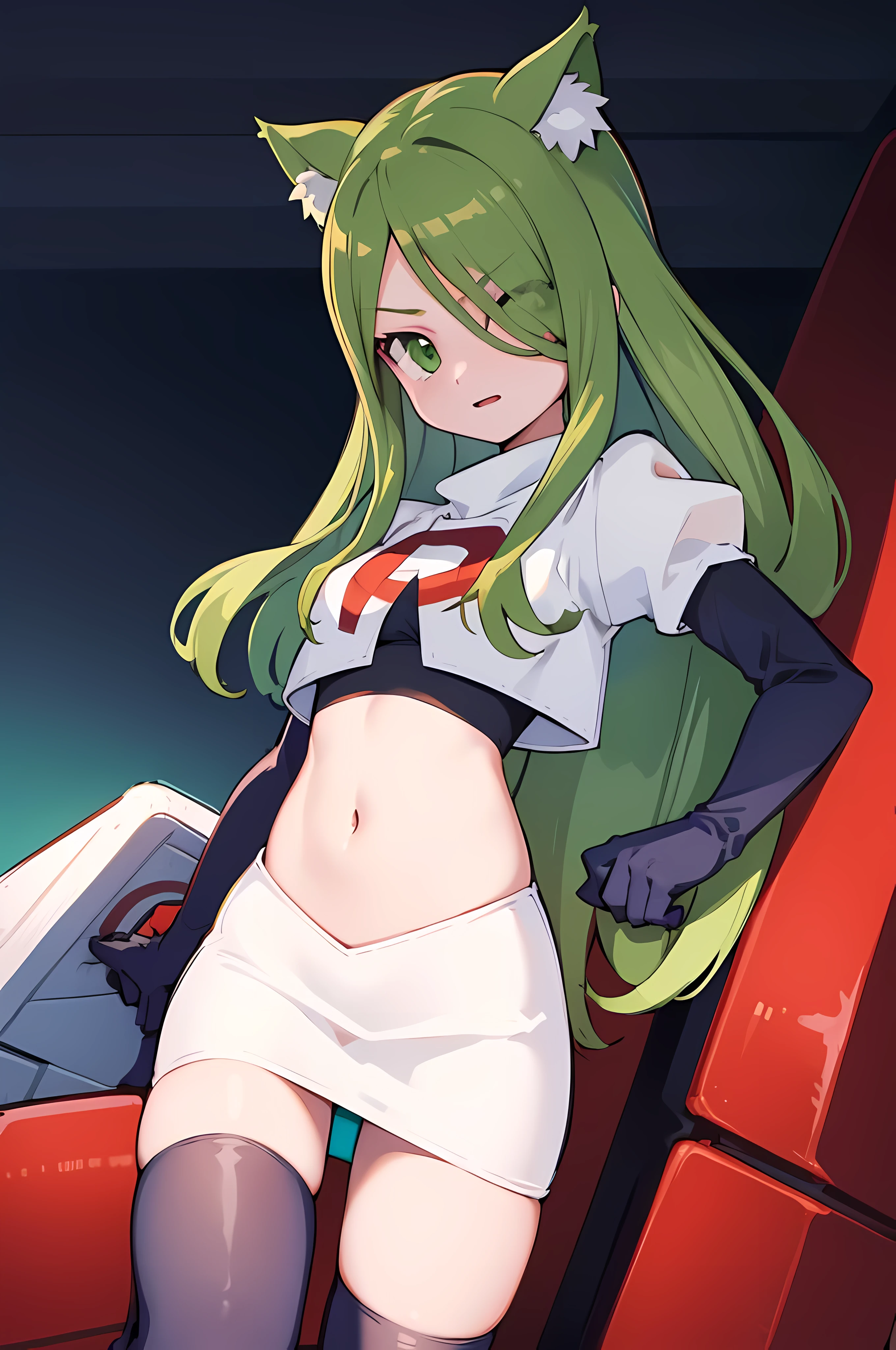 masterpiece, best quality, Izumi\(digimon\),hair over one eye, green eyes, long hair, 1girl, solo, team rocket,team rocket uniform, red letter R, white skirt,white crop top,black thigh-highs,black elbow gloves, cat hat