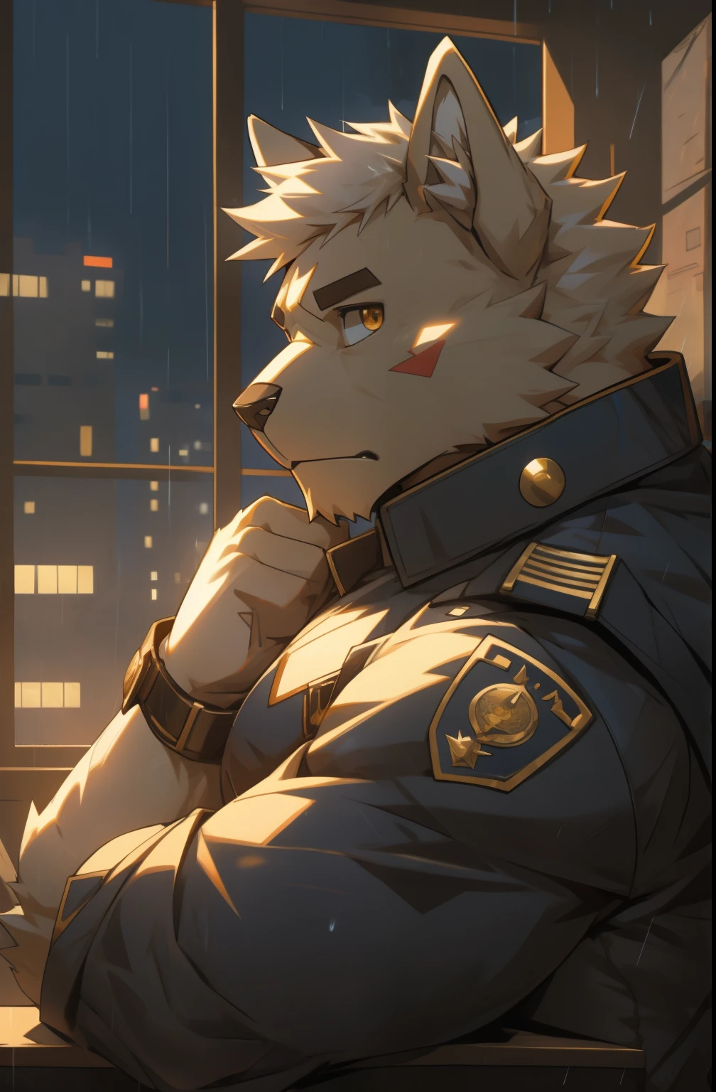 masterpiece，night，anthropomorphic dog，one person，（（（s hair））），male，26 years old，thick eyebrows，Light-colored fur，Strong body，Large pecs，（（（，black police uniform，gold watch，Contacts））），full-body shot，在废墟fighting，（（（With a submachine gun））），（（（Looking at the window）））dark night，Light，Damaged classroom，（（（white hair））），Serious，emotional focus，looking out the window，peaceful，fighting人员，fighting，golden pupils，big eyes，Strong，Lying on the bed，full body image，天空dark clouds密布，cloudy day，green plants，it&#39;It&#39;s raining，big tree，high-rise，dark clouds（（（background：Abandoned classroom 1.5））），（（（Detailed character description））），