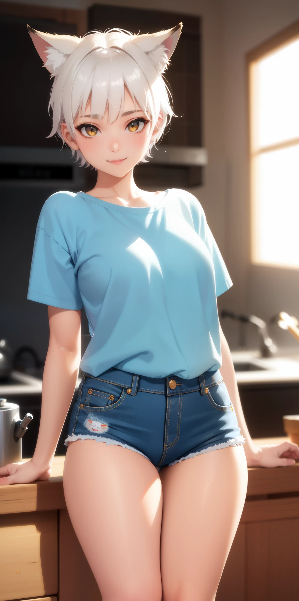 FoxGirl Kawaii short white hair, perfect small breasts, cute, kawaii top and denim shorts, perfect female body ((detailed background, VHD, Vray shading, RT)), masterpiece, hyperalistic, hyperdetailed, best quality, 16k, effect light and shadow on the skin, bright colors), cute smile ((skin with light and shadow), cute pose, night, lights, in the kitchen