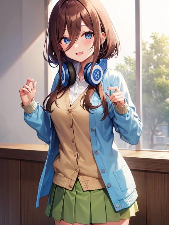miku nakano, long hair, bangs, blue eyes, brown hair, shirt, hair between eyes, headphones, cardigan, headphones around neck,skirt, shirt, long sleeves, white shirt, white panty,pleated skirt, whitepanty, cardigan, green skirt, blue cardigan,smile