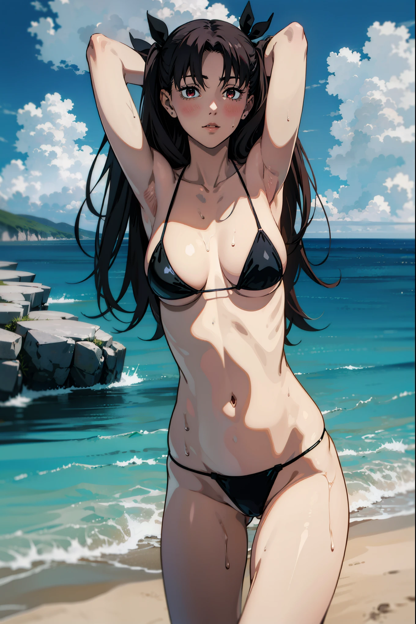 1girl, micro bikini , navel,, big breasts, realistic, long hair, lips, looking at viewer, black hair, collarbone, twintails, hair ornament, hair ribbons, Undressing, taking off her bra , red eyes, standing, cowboy shot, outdoors , seaside, clouds, skies, sun, beach sand , from Above, arms behind head, show both armpits, 