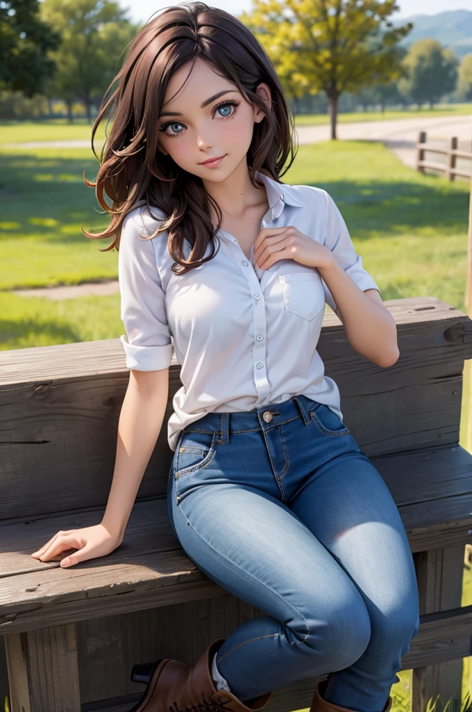 Foto hiperrealista en primer plano de Laura Vandervoort, masterpiece, best quality, (photorealistic:1.4), full body, (blue buttoned plaid flannel shirt:1.1) and (blue jeans:1.1), (boots:1.2), on the ranch, sunny daycinematic light, beautiful woman, skinny, large breasts, straight brown hair, detailed face, smile, photo taken from a distance,