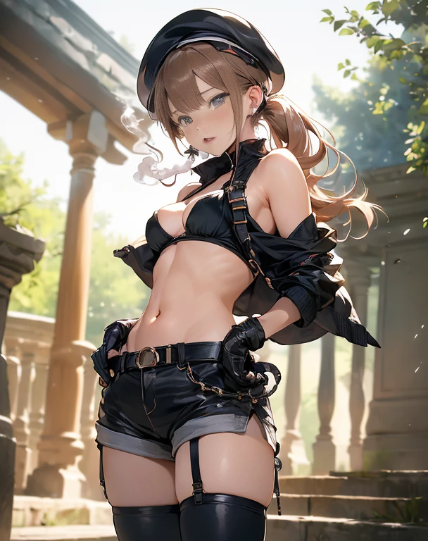  22 years old, (milf:0.8), (solo:1.5), (sfw:1.25), cute breast, beautiful breasts, medium tits, thin waist, big ass:1.0, Raised sexy, (beret, black jacket, open clothes, cleavage, midriff, black shorts, black thighhighs, thigh strap, fingerless gloves, single glove:1.2), blue eyes, light smile, big , Revimpling fabric, earrings, Hand gloves, detailed face,(smoking:1.3),long hair,side ponytail,hair between eyes,bangs,detailed and beautiful eyes,beautiful detailed lips,Rolling her eyes,manner,hair over one eye, (ultra high resolution, 8K RAW photo, photo realistics, thin outline:1.3, clear focus), best qualtiy, natural lighting, textile shading, blurry back ground, field depth, (Bright pupils, fine detailed beautiful eyes with highlight:1.3, high detailed face), Red lip, fine realistic skins:1.1, looking down viewers:1.3, (dynamic angle:1.3, front view:1.1, breast focus:1.3, from below:1.2), (dynamic posing:1.5, sexy posing:1.2),Youghal, side lock, hair ornaments, hair band,nice,garden background,artistic rendering,Super detailed,(highest quality,4k,8K,High resolution,masterpiece:1.2),Bright colors,studio lighting
