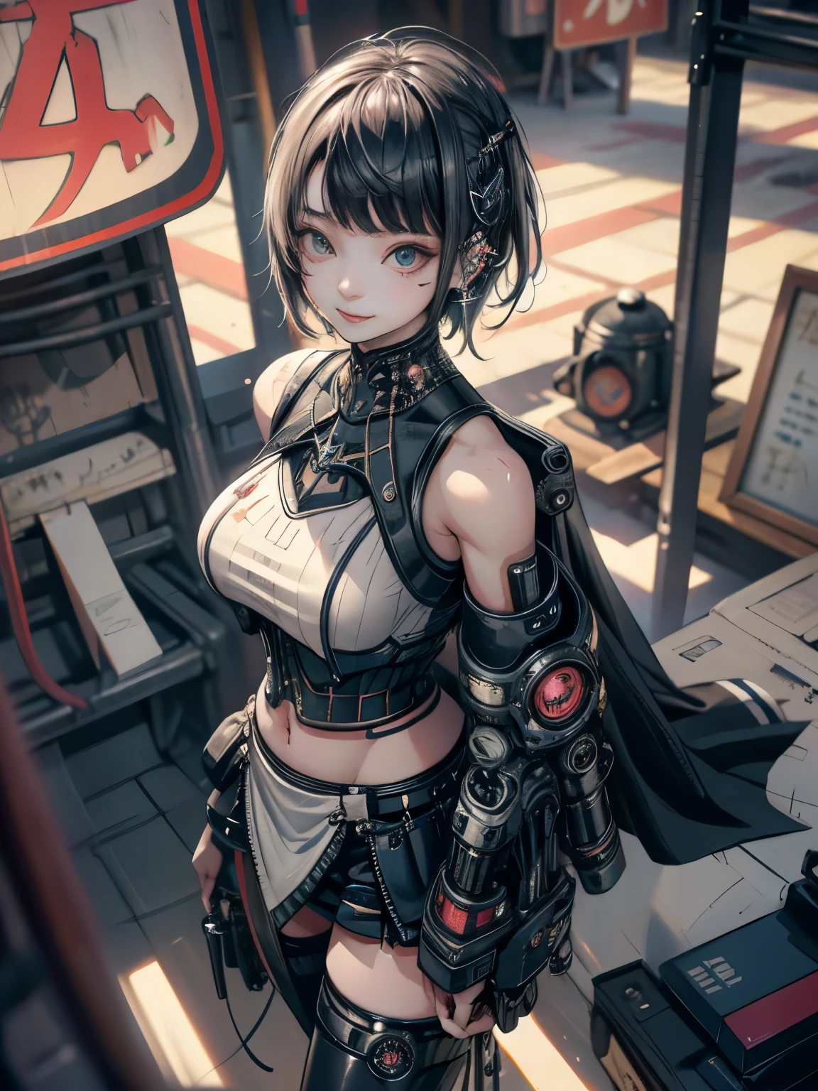 exposed female genitals、From  above、Best Quality, masutepiece, photo of an actress, Beautiful, Watching the viewer、Background white、Nike、Piercing Woman、piercings、A smile、colourful hair, Black shorts、Blunt bangs、(a black skirt)、1girl in, Solo, Photorealsitic, hight resolution, Akame, Korea person, Cowboy (highest quality,High resolution:1.2),super detailed,(realistic:1.37) (girl), exposed female genitals, anime style, (Fat:1.4) , cyber punk , full body tight suit , (covered nipples:0.9) , (chest:1.1) , (muscular:1.3) , (abs:1.1) , (thick arms:1.4) , thick thighs , huge hips , exposed female genitals, light pink hair , short hair , black skin , Pregnant , Ahegao , black glasses , spread your legs , cyborg girl , robot joint , robot shoulder ,
