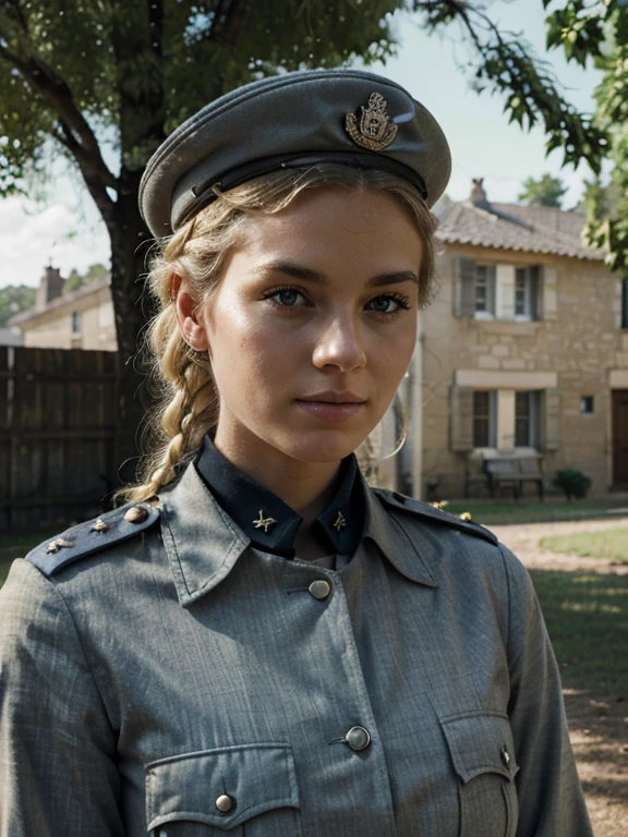 French, blonde crown braid, 30s, officer uniform, outdoor, barracks, loving gaze