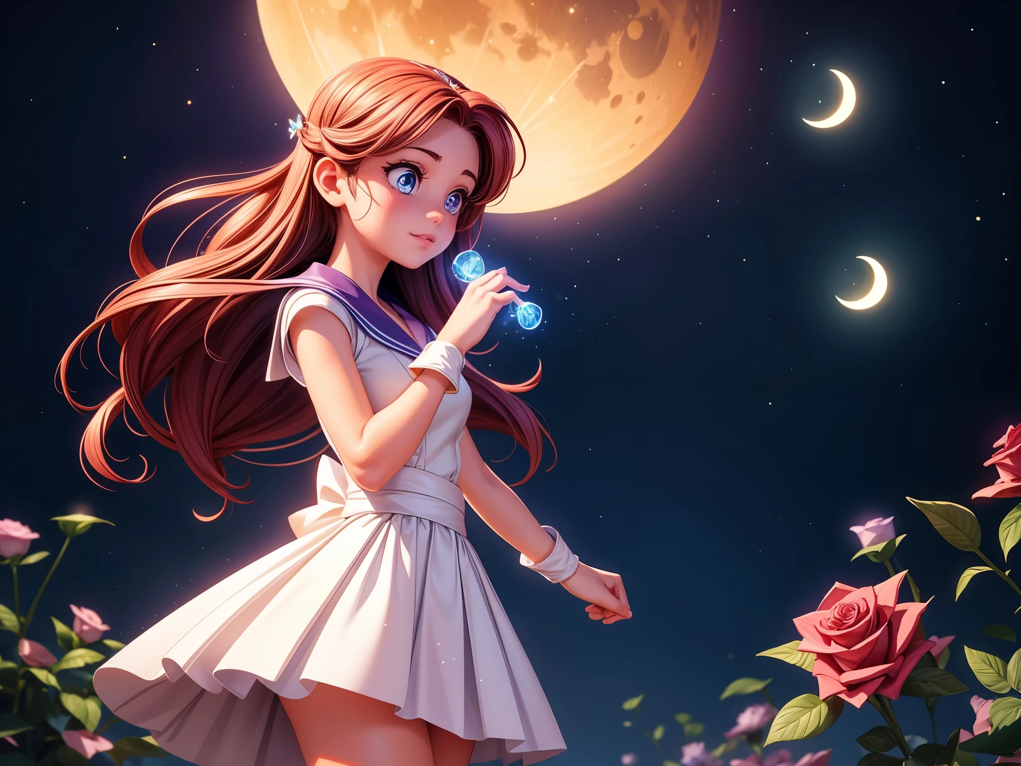 (best quality,4k,8k,highres,masterpiece:1.2),ultra-detailed,(realistic,photorealistic,photo-realistic:1.37),portraits,sailor moon,tuxedo mask,colorful,illuminated,romantic,soft shadows,sparkling,moonlight,tiny stars,flowing hair,intense gaze,moon-shaped pendant,sailor uniform,butterfly-shaped hair clips,lace collar,magical transformation,wand,moon tiara action,handsome suit,white rose,romantic atmosphere,graceful poses,protective stance,wisps of magic,cosmic background,glowing crescent moon,pink,blue,purple,sparkling eyes,moonlit cityscape,tall buildings,crowded streets,streets lights,nighttime,romantic encounter,secret identities,love and justice,deep bond,in awe of each other,anime style,beautifully detailed faces,crystal-clear details,soft pastel colors,fantasy,blissful happiness,dynamic composition,dramatic lighting,magical aura,hearts and stars swirling around,sparkling transformation,love conquers all.