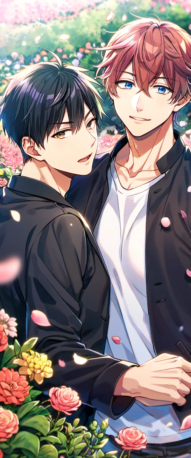 Ultra detailed, highres, absurdres, HDR, Uenoyama Ritsuka, blue eyes, black hair, Sato Mafuyu, pink-brown hair, brown eyes, garden, petals, Given, 2 men together, gay couple, handsome