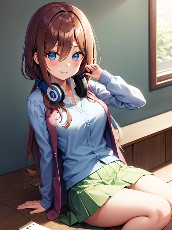 miku nakano, long hair, bangs, blue eyes, brown hair, shirt, hair between eyes, headphones, cardigan, headphones around neck,skirt, shirt, long sleeves, white shirt, panty shot,white panty,pleated skirt, white panty, cardigan, green skirt, blue cardigan,smile