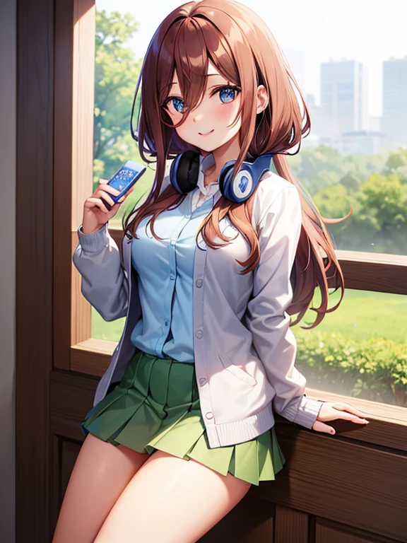 miku nakano, long hair, bangs, blue eyes, brown hair, shirt, hair between eyes, headphones, cardigan, headphones around neck,skirt, shirt, long sleeves, white shirt, panty shot,white panty,pleated skirt, white panty, cardigan, green skirt, blue cardigan,smile