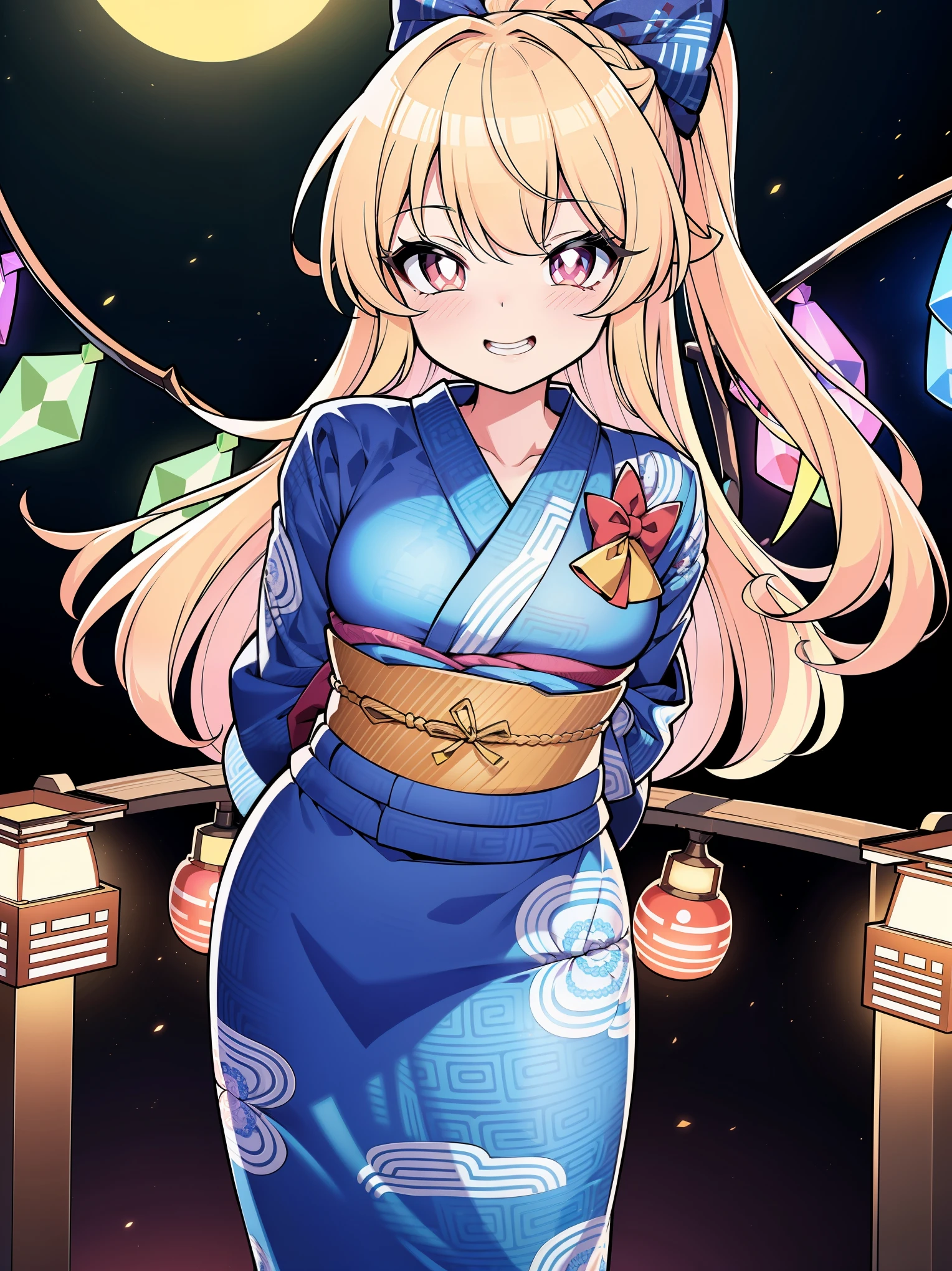 (cowboy shot), (colorful:1.1), glowing, (ultra-high resolution, depth of field:1.2), (Flandre scarlet:1.1), (1woman), (adult), in her 20s, (Touhou project), (medium breasts), (crimson eyes), white pupils, (long hair:1.2), blonde hair, ponytail, (french braid), Arranged from the tip of her wings her 8 crystals which are presented in seven colors: light blue, blue, purple, pink, orange, yellow, light green, and finally light blue again, (wearing an intricate yukata:1.4), frills, faint bat pattern, (Japanese market scenery), night time, (blushing), shy, squinting eyes, arms behind back, slightly leaning forward, (grinning)