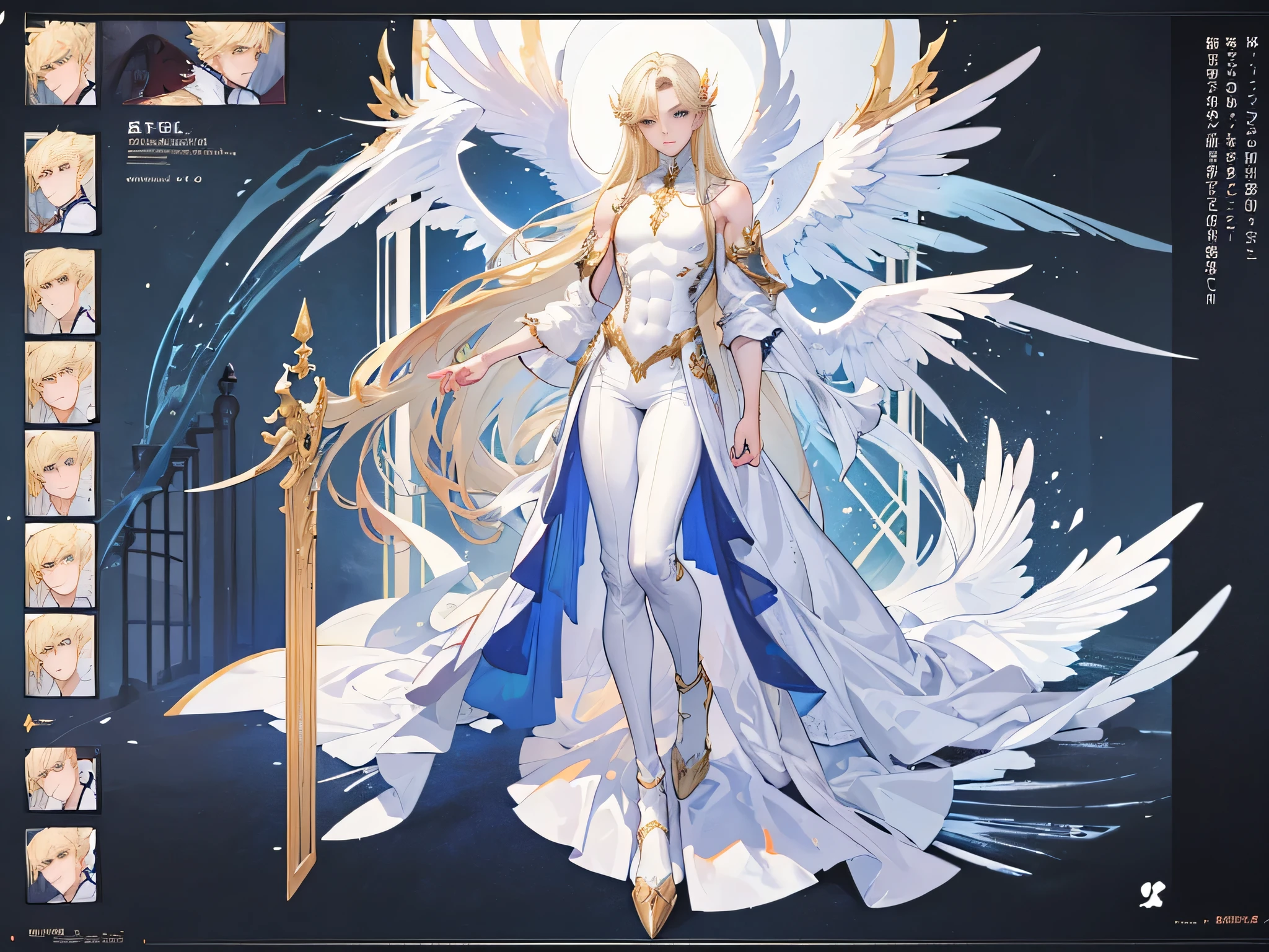 (Masterpiece, best quality), detailed, 1 man, ((character concept art)), ((character design sheet, same character, front, side, back)), full body, body complete, 1 Male angel, 1 Man angel, Detailed face, character design sheet,full bodyesbian, Highly detailed, character sheet, character design, Many parts, dark skin, angel wings, long blonde hair, angel outfit, muscle male god, male clothes, masculine, muscle man, male muscle, manly, male angel, Muscle male with long blonde hair,beautiful man, beautiful muscle man