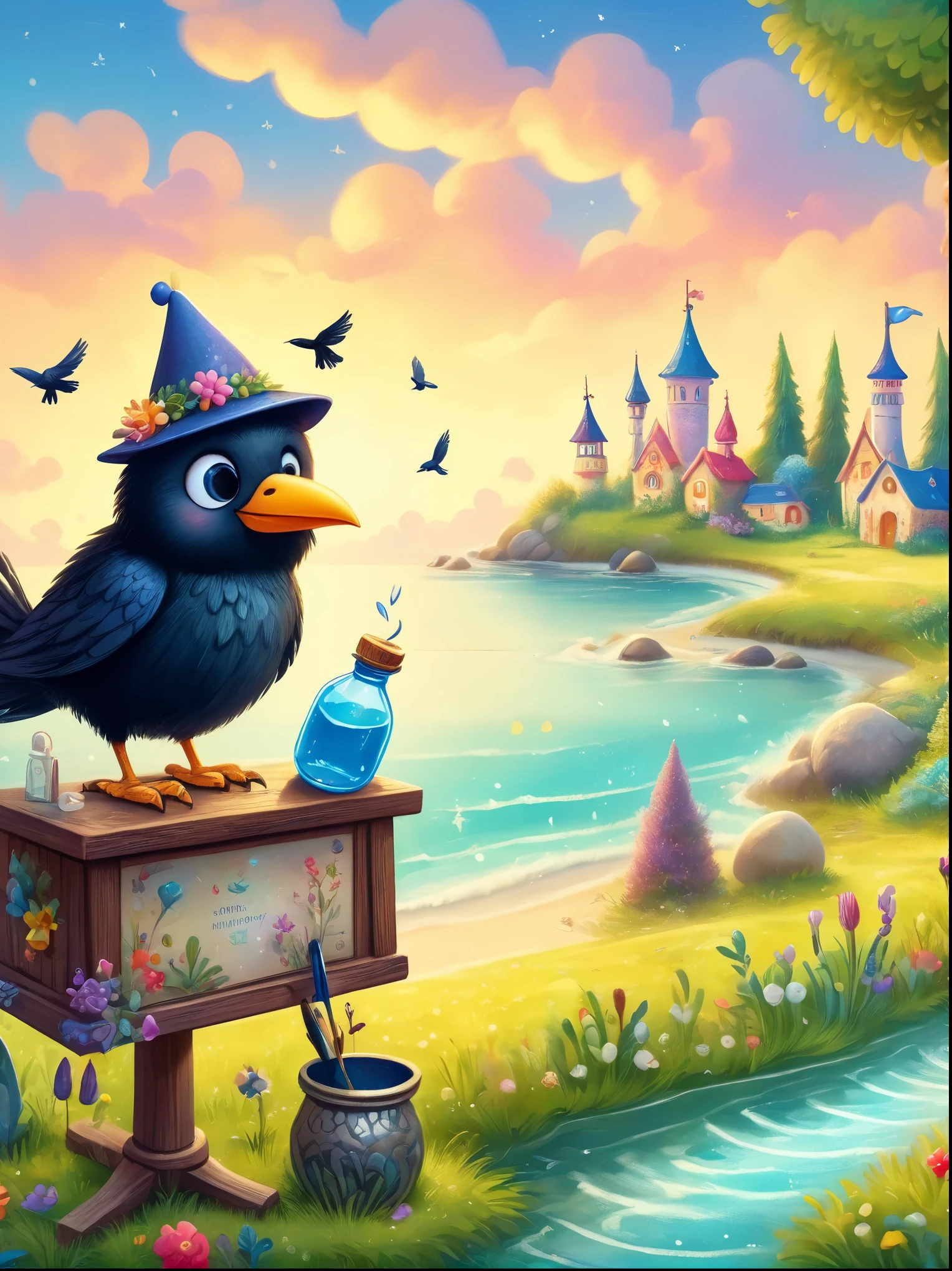 Photos with tilt-shift effect, Selective focus, Miniature effects, Very detailed, bright, View control, Naturally tilted pictures (Whimsical sense of art), charming additional fluffy, Cute crow wearing a hat, ((He painted a still life on his easel, brush, sea view)), magic, macro photography, (charming:1.3), (luminescent: 1.2), (huge flora: 1.1), mystery, vivid photography, flashing light, Preoccupied, Bizarre, Disturbing, soft focus, Overly detailed digital art