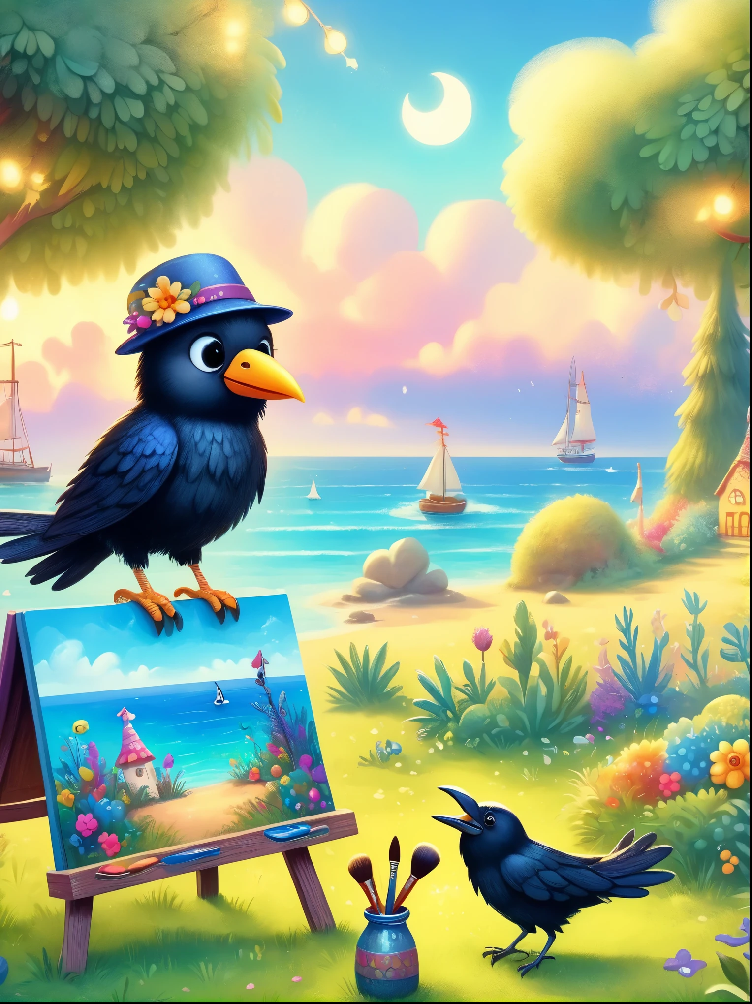 Photos with tilt-shift effect, Selective focus, Miniature effects, Very detailed, bright, View control, Naturally tilted pictures (Whimsical sense of art), charming additional fluffy, Cute crow wearing a hat, ((He painted a still life on his easel, brush, sea view)), magic, macro photography, (charming:1.3), (luminescent: 1.2), (huge flora: 1.1), mystery, vivid photography, flashing light, Preoccupied, Bizarre, Disturbing, soft focus, Overly detailed digital art