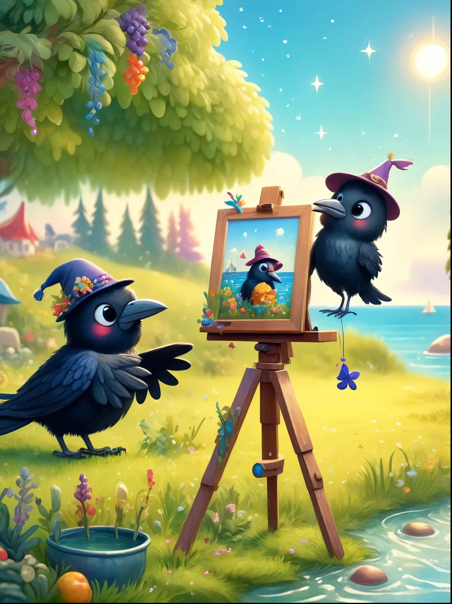 Photos with tilt-shift effect, Selective focus, Miniature effects, Very detailed, bright, View control, Naturally tilted pictures (Whimsical sense of art), charming additional fluffy, Cute crow wearing a hat, ((He painted a still life on his easel, brush, sea view)), magic, macro photography, (charming:1.3), (luminescent: 1.2), (huge flora: 1.1), mystery, vivid photography, flashing light, Preoccupied, Bizarre, Disturbing, soft focus, Overly detailed digital art
