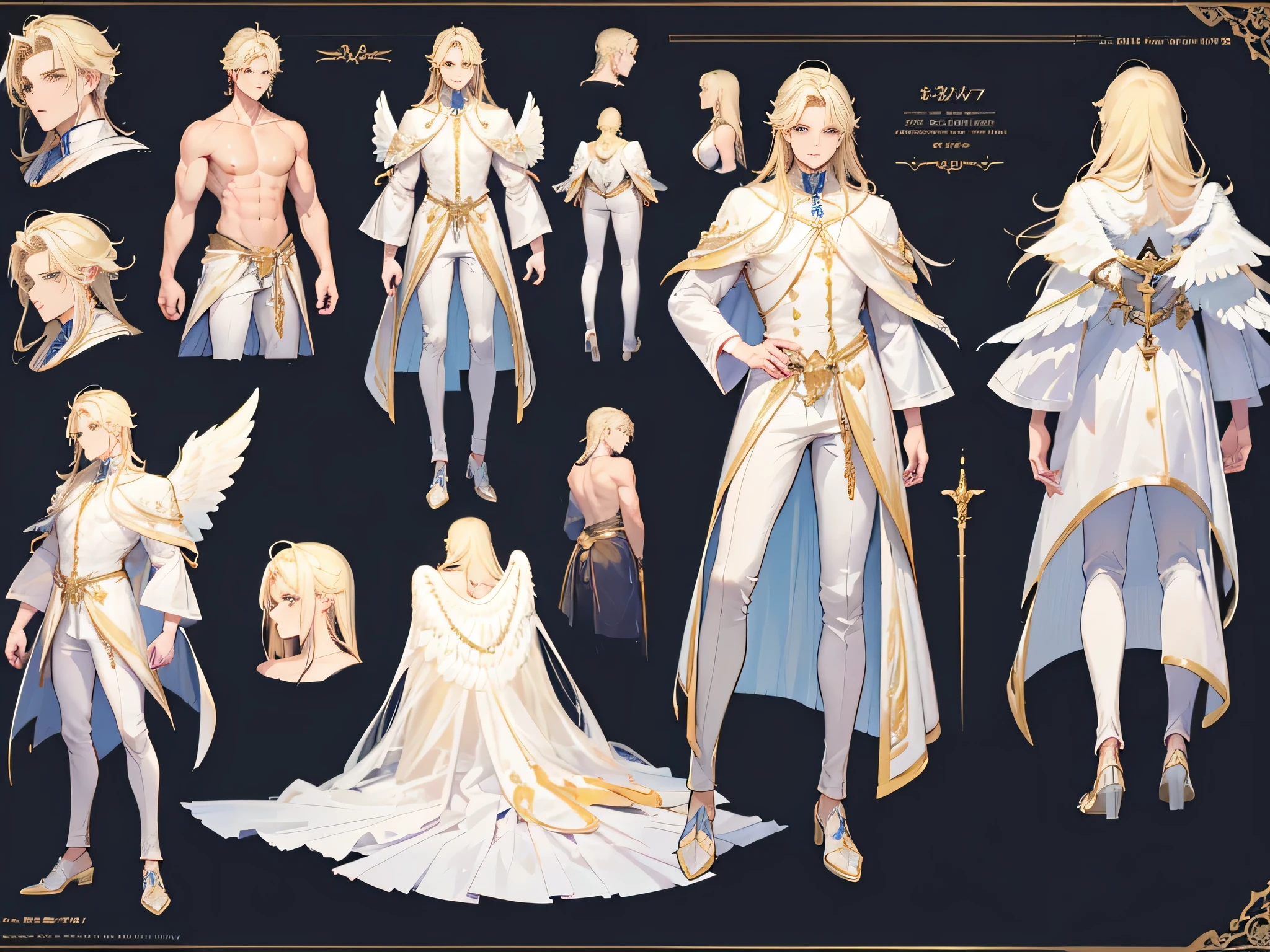 ((Masterpiece, Highest quality)), Male, boy, Detailed face, character design sheet, full bodyesbian, Full of details, frontal body view, back body view, Highly detailed, Depth, Many parts, angel wings, angel outfit, Muscle boy with blonde long hair,handsome man, male angel , man tall