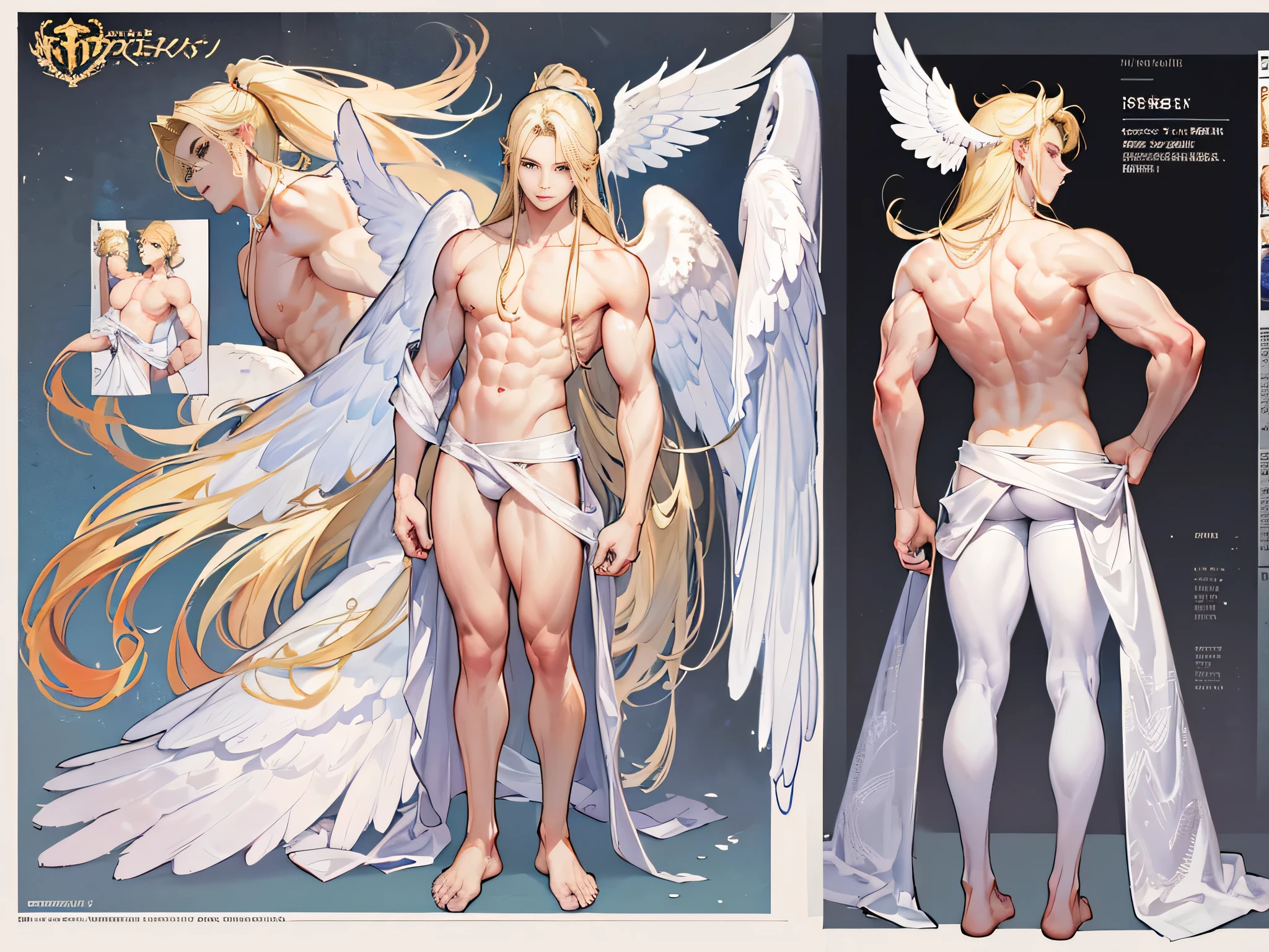 ((Masterpiece, Highest quality)), Male, boy, Detailed face, character design sheet, full bodyesbian, Full of details, frontal body view, back body view, Highly detailed, Depth, Many parts, angel wings, angel outfit, Muscle boy with blonde long hair,handsome man, male angel , man tall