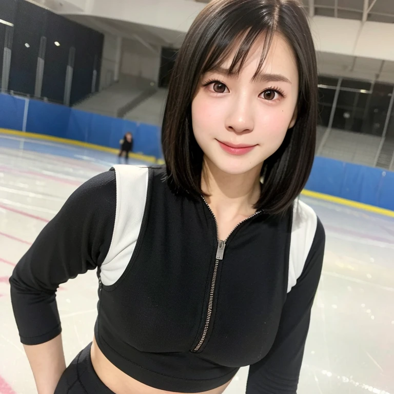 (kawaii 24 year-old Japanese girl, Nogizaka idol, Korean idol), healthy female athlete, figure skater, (glossy black hair, messy very short hair, pixie cut, symmetric hair length, even length hair edges:1.3), (bangs), (rounded face, black eyes, single eyelid, no makeup, soft smiling:1.2), (wearing long sleeved training half zip tops:1.3), flat chest, extra small breasts, sports leggings, (looking at viewer:1.2), BREAK, (ice skate arena background:1.3), (dynamic angle:1.3), face focus, BREAK, (masterpiece, best quality, photo realistic, official art:1.4), (UHD, 8K quality wallpaper, high resolution, raw photo, golden ratio:1.2), (shiny skin), professional lighting, physically based rendering, award winning, (perfect anatomy, highly detailed skin, extremely detailed face and eyes), Carl Zeiss 300 mm F/2.8, depth of field, 1girl, solo,