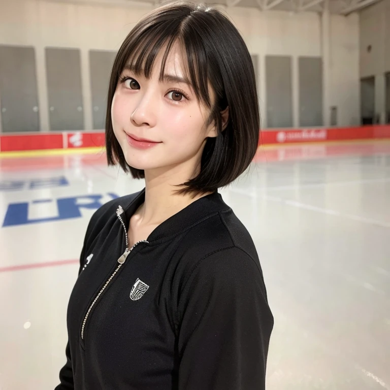 (kawaii 24 year-old Japanese girl, Nogizaka idol, Korean idol), healthy female athlete, figure skater, (glossy black hair, messy very short hair, pixie cut, symmetric hair length, even length hair edges:1.3), (bangs), (rounded face, black eyes, single eyelid, no makeup, soft smiling:1.2), (wearing long sleeved training half zip tops:1.3), flat chest, extra small breasts, sports leggings, (looking at viewer:1.2), BREAK, (ice skate arena background:1.3), (dynamic angle:1.3), face focus, BREAK, (masterpiece, best quality, photo realistic, official art:1.4), (UHD, 8K quality wallpaper, high resolution, raw photo, golden ratio:1.2), (shiny skin), professional lighting, physically based rendering, award winning, (perfect anatomy, highly detailed skin, extremely detailed face and eyes), Carl Zeiss 300 mm F/2.8, depth of field, 1girl, solo,