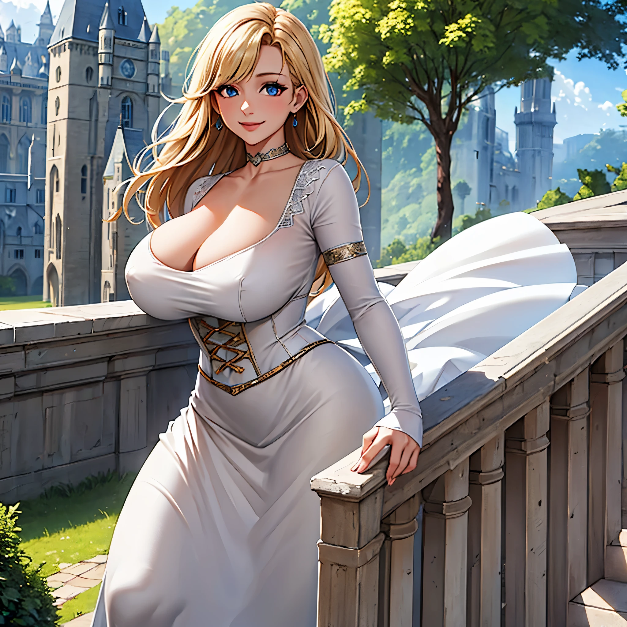 A woman wearing a white dress with silver details on the dress, blonde hair, blue eyes, in a tower of a sophisticated medieval castle, open tower overlooking a large open field and a sea in the distance, smiling, big breasts,, HDR , ultra resolution, very detailed, masterpiece, HD 8K, (solo, just one girl)
