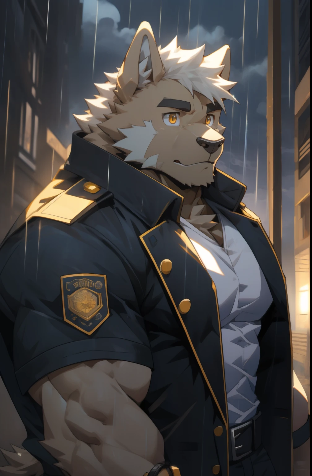 masterpiece，night，anthropomorphic dog，one person，（（（s hair））），male，26 years old，thick eyebrows，Light-colored fur，Strong body，Large pecs，（（（，black police uniform，gold watch，Contacts））），full-body shot，在废墟fighting，（（（With a submachine gun））），（（（Looking at the window）））dark night，Light，Damaged classroom，（（（white hair））），Serious，emotional focus，looking out the window，peaceful，fighting人员，fighting，golden pupils，big eyes，Strong，Lying on the bed，full body image，天空dark clouds密布，cloudy day，green plants，it&#39;It&#39;s raining，big tree，high-rise，dark clouds（（（background：Abandoned classroom 1.5））），（（（Detailed character description））），