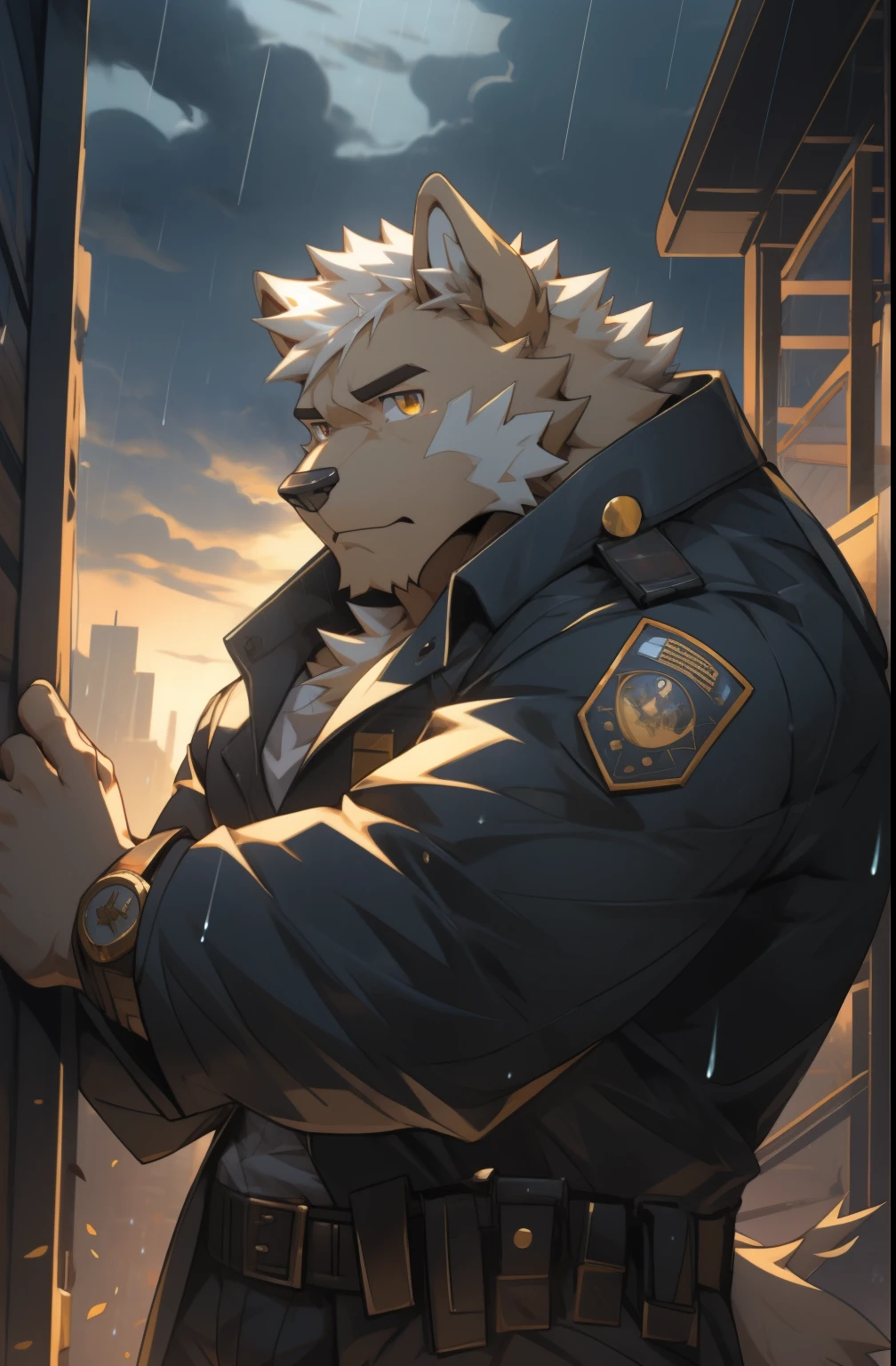 masterpiece，night，anthropomorphic dog，one person，（（（s hair））），male，26 years old，thick eyebrows，Light-colored fur，Strong body，Large pecs，（（（，black police uniform，gold watch，Contacts））），full-body shot，在废墟fighting，（（（With a submachine gun））），（（（Looking at the window）））dark night，Light，Damaged classroom，（（（white hair））），Serious，emotional focus，looking out the window，peaceful，fighting人员，fighting，golden pupils，big eyes，Strong，Lying on the bed，full body image，天空dark clouds密布，cloudy day，green plants，it&#39;It&#39;s raining，big tree，high-rise，dark clouds（（（background：Abandoned classroom 1.5））），（（（Detailed character description））），