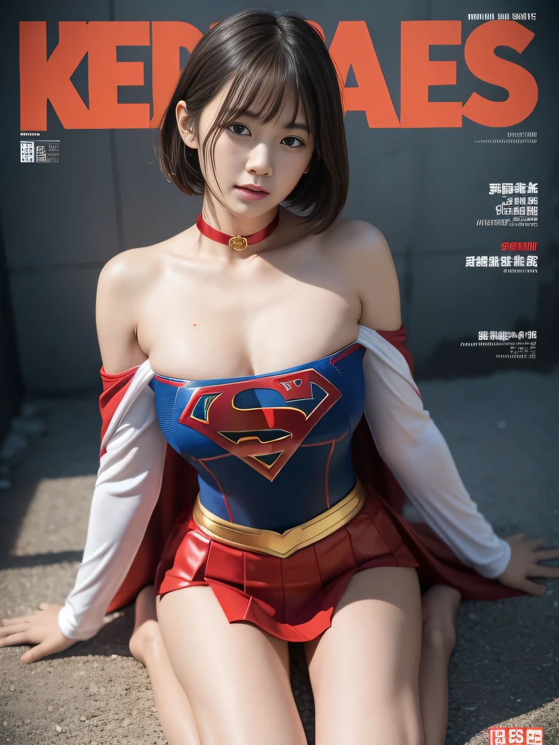 masterpiece、supergirl costume、short hair、barefoot、big and full breasts、Crisis situation、prison、camp、kneel down、sweaty、shiny、look at the camera、provoke、Estrus、choker、Weekly magazine cover、long sleeve、red mini skirt、humiliating、seductive pose、Glamorous、off shoulder、model body shape、Oily Skin、charm、charming、abused、Detention、