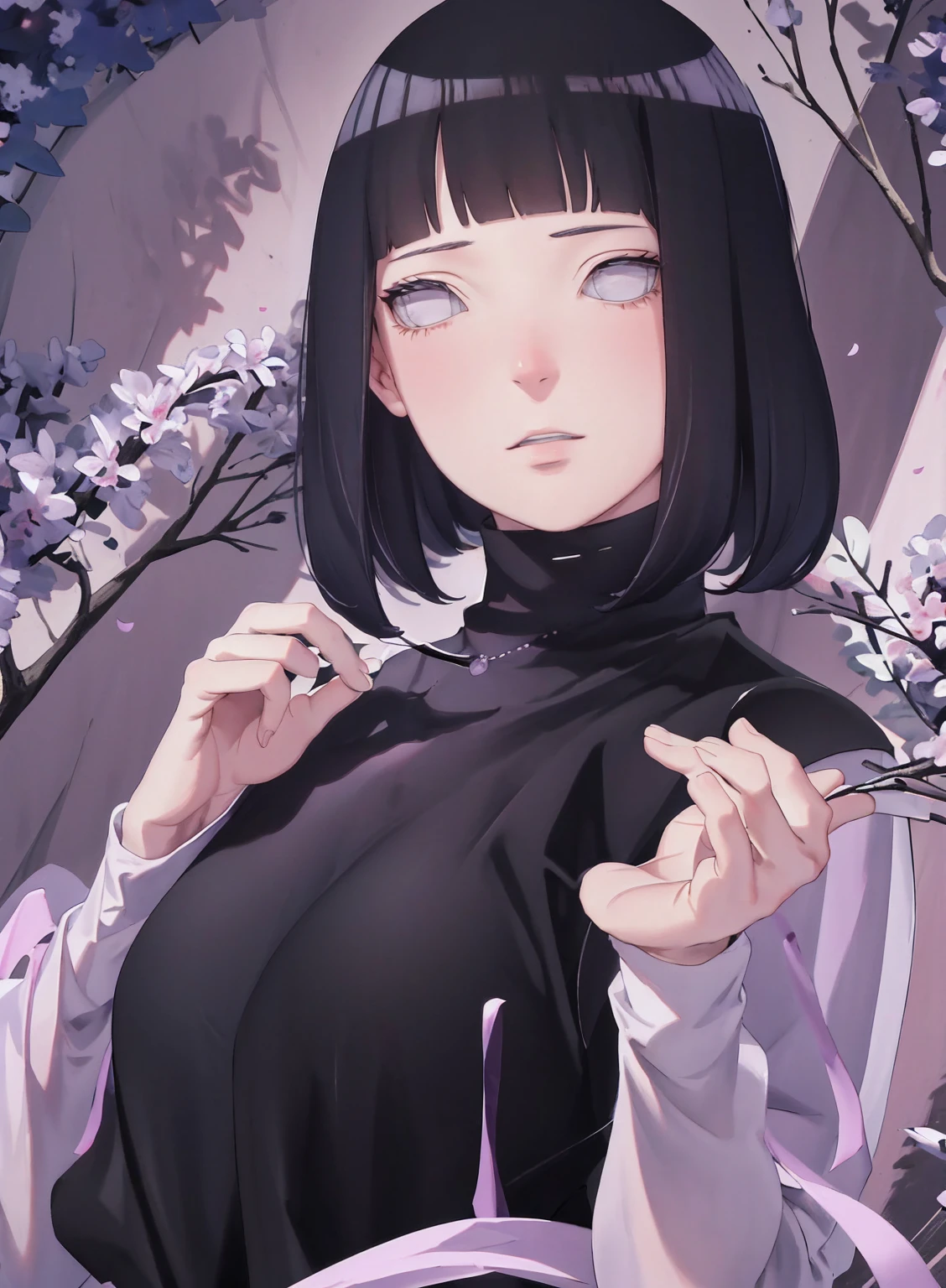 { - anatomy error} (Masterpiece - Ultra-detailed, very high resolution) (huge titusty, masterpiece, absurdres, hinata\(boruto\), 1girl, solo,mature female, lilac turtleneck blouse, black pant, looking at viewelling petals), perfect composition, detailed lips, big breast, beautiful face, body propotion, blush, (pink lips), short hair, (black hair), purple eyes, soft gaze, super realistic, detailed, photoshoot, realistic face and body, closed mouth , lilac eyes, upper body, hidden hands, perfect fingers, inocent face, portrait, , backwards, looking back, dynamic poses