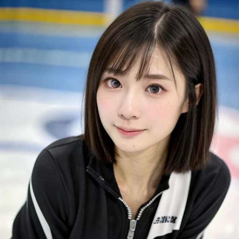 (kawaii 24 year-old Japanese girl, Nogizaka idol, Korean idol), healthy female athlete, figure skater, (glossy black hair, messy very short hair, pixie cut, symmetric hair length, even length hair edges:1.3), (bangs), (rounded face, black eyes, single eyelid, no makeup, soft smiling:1.2), (wearing long sleeved training half zip tops:1.3), flat chest, extra small breasts, sports leggings, (looking at viewer:1.2), BREAK, (ice skate arena background:1.3), (dynamic angle:1.3), face focus, BREAK, (masterpiece, best quality, photo realistic, official art:1.4), (UHD, 8K quality wallpaper, high resolution, raw photo, golden ratio:1.2), (shiny skin), professional lighting, physically based rendering, award winning, (perfect anatomy, highly detailed skin, extremely detailed face and eyes), Carl Zeiss 300 mm F/2.8, depth of field, 1girl, solo,