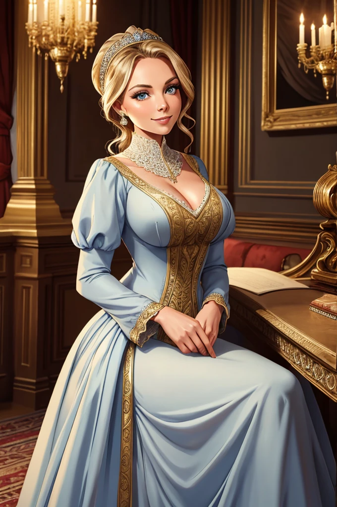 1girl,Scandinavian, 26 yo, princess,pale skin, blue eyes,long hair,hair bun,blonde hair, silver tiara, blue dress, corset. blue heels big breasts,huge bust,cleavage,smiling, royal palace, standing, (insanely detailed, beautiful detailed face, masterpiece, best quality) solo,
