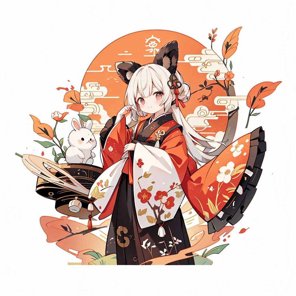 (A rabbit:1.4), sat on the ground, Looking up, Mid-Autumn Festival atmosphere, (Chinese kanji:1.3),Traditional Chinese illustration style, Digital art, Simple background, Masterpiece on white background, Best quality, Ultra-detailed, High quality, 4K