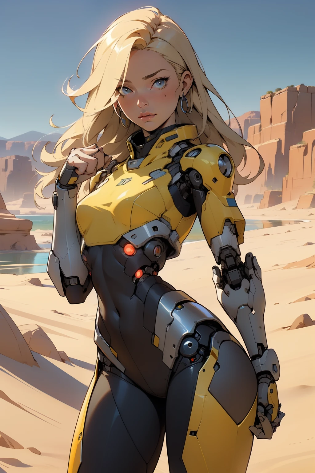 high quality, 4k, masterpiece, beautiful, cyborg girl, cowboy shot, dull eyes, front, looking at viewer, long blonde hair, girl, small breasts, fit thighs, robotic arms, robotic body, cyborg body, yellow & white uniform, red accent, intricate detail, joint, detailed lines, robotic detail, holding fist up, holding hand up as fist, color robotic parts, robotic parts with color, perfect fingers, on a desert planet, sunny background, colorful desert, a river or a lake in the background