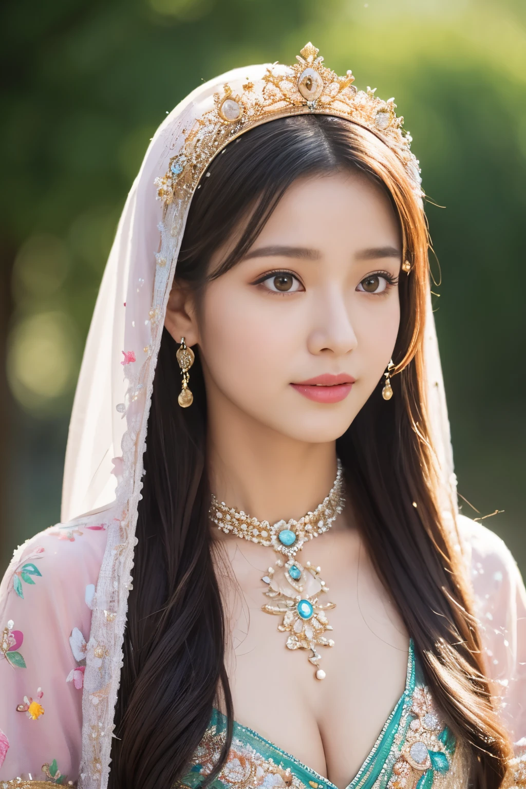 colorful, sky, flowers, magical, fantasy, tale, top-quality,Beautiful detailed hijabi,Bewitching face,tzuyu iu yooa ,long lashes,Wearing a colorful bellydancer,Detailed details,Colossal ,With cleavage, underboob, sideboob,stares at the camera、javanese castle