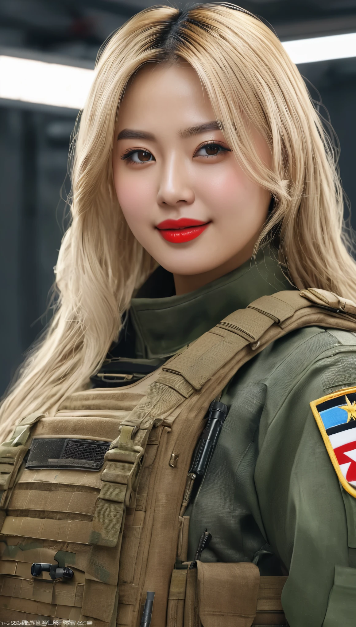 (((hyper real)))、超未来的なfemale soldier、陸軍female soldier、Beautiful woman High level image quality High resolution realistic blonde woman、mature woman、((big big tits))、Fine skin texture、超High resolution、realistic、plump body shape、smile、中年Beautiful woman、beautiful expression 、fine brown eyes、fluffy long hair、非常に繊細でFine skin texture、35Army soldier woman、(Very futuristic huge computer room)、female soldier、big cleavage、bright red lips、(Wearing a combat suit)、