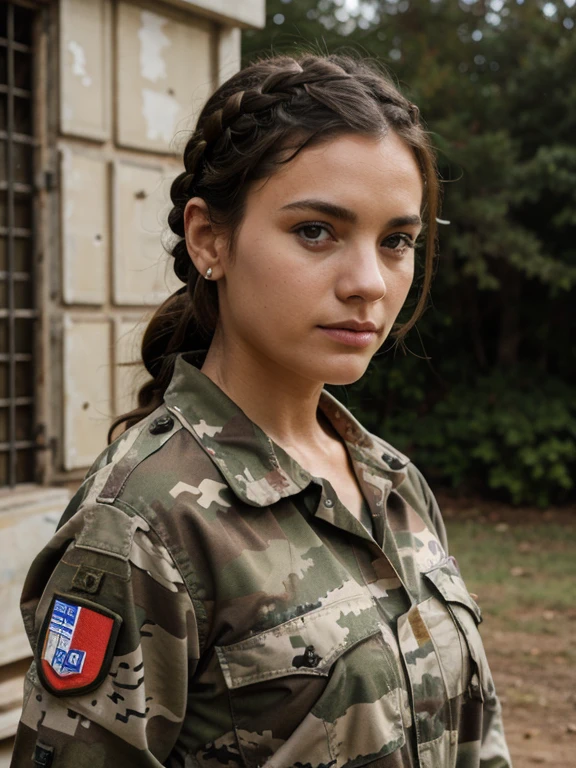French, crown braid, middle-aged woman, camo military fatigues, outdoor, barracks, serious