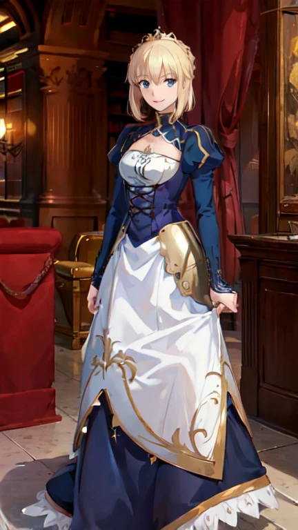 (masterpiece:1.4), (best quality:1.4), realistic, 1girl, artoria pendragon \(fate\), dress, library, smile
