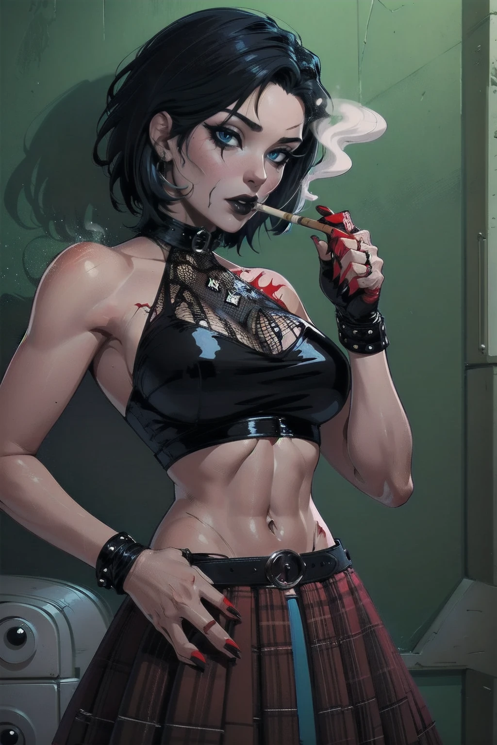 a woman with short black hair, hair on shoulders,  wearing a red cropped  and plaid skirt, blue eyes, zombie art, gothic art, cute aesthetic with vibe, toon aesthetic, wearing red costume, wearing gothic accessories, look like Cassie Hack, upper body, red background, smoking