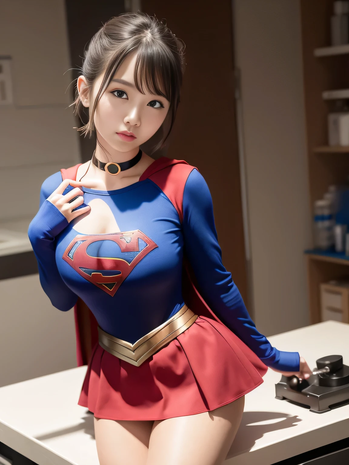 masterpiece、supergirl costume、short hair、operating table、victim、abused、big and full breasts、choker、long sleeve、red mini skirt、look at the camera、Messy Lab、Laboratory instrument、Inspection equipment、Medical equipment、Medical practice、Physical examination、born々New、Gorgeous New、seductive pose、off shoulder、model body shape、Oily Skin、charm、charming、Fascinating、Creative、