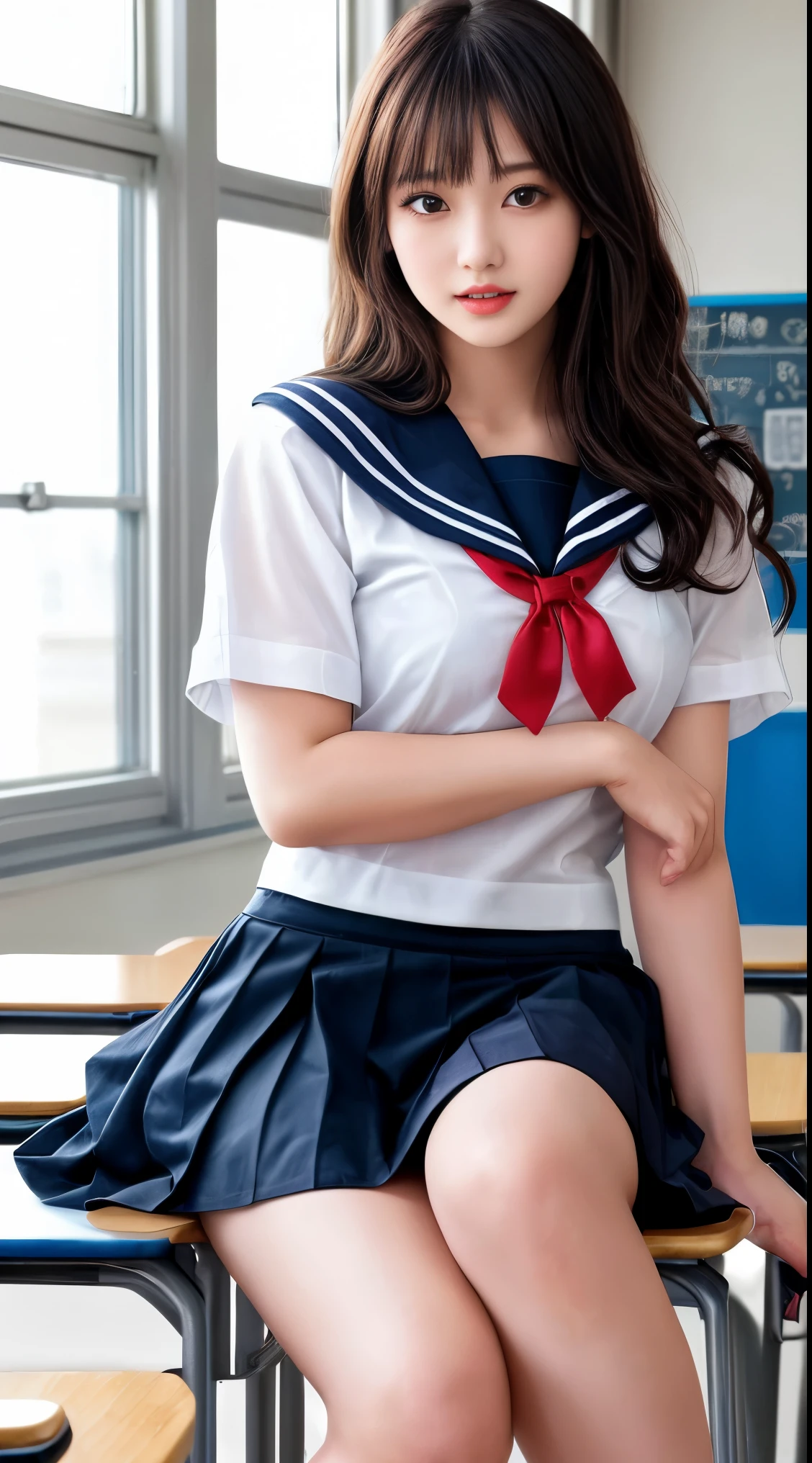 masterpiece、最high quality、high quality、high quality、premium quality、wonderful品質、Exceptional quality、excellent quality、Luxurious quality、excellent quality、best image quality、8K、super resolution、最High resolution、High resolution、最high quality、Rich shades、shining quality、crystal clear、realistic images、perfect details、Image without defects、clear image、wonderful表示、bright colors、deep contrast、high fidelity、amazing clarity、optimal performance、realistic、wonderful、perfect image、Close to reality、Detailed and realistic human body、Realistic skin in every detail、Realistic face in every detail、Realistic eyes down to the details、Realistic lips in every detail、Realistic teeth in every detail、Detailed and realistic ears、Detailed and realistic hair、Detailed and realistic weapons、Realistic reproduction of every detail、Realistic fingers in every detail、(fine hands、thumb1reference4)、Realistic feet down to the last detail、pretty girl、beautiful girl、attractive girl、attractive young woman、wonderfulティーンエイジャー、adorable girl、Shining Girl、innocent girl、sweet girl、beautiful adolescent girl、cute young woman、 the girl who captures your heart、dazzling girl、elegant girl、((japanese model))、((18歳のbeautiful girl))、(black hair)、(random hairstyle)、((whole body))、((beautiful upturned chest))、(slim style、slender style)、(whole body光沢肌、Fair skin)、Detailed and realistic human body、detailed realistic skin、detailed realistic face、detailed realistic arms、detailed realistic fingers、Detailed realistic feet、soft natural light、sailor suit、、junior high school、high school、Junior School、((Sheer Mesh(クロップトップsailor suit、Mini Sailor Skirt))、((in the school classroom(Poses to make your thighs look beautiful))、angle from below