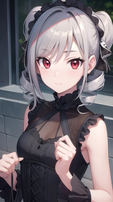 rankokanzaki, ranko, (drill hair:1.5), grey hair, long hair, pale skin, (red eyes:1.5), twin drills,
BREAK black dress, dress, gothic, gothic fashion, neck garter,
BREAK outdoors, city,
BREAK looking at viewer,
BREAK (masterpiece:1.2), best quality, high resolution, unity 8k wallpaper, (illustration:0.8), (beautiful detailed eyes:1.6), extremely detailed face, perfect lighting, extremely detailed CG, (perfect hands, perfect anatomy),