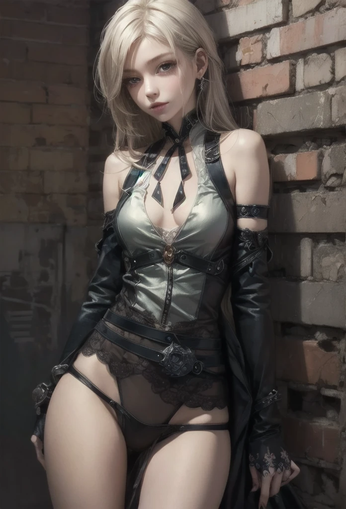 (Detailed illustrations,Very detailed and detailed drawing,Delicate lines with slow and rapid,Realistic texture expression),[Color tressed main line],dim room[prison[Walls and ceilings with exposed bricks that have deteriorated over time]],(japanes(Very Beautiful )[14years])silber hair (bony and thin body[morbid]SKINNY),[leather [Bondage Fashion],Vampire,(Fine and beautiful skin expression [Transparency]),[perfect eye details (Iris beautifully drawn in every detail)[Jewel-like eyes]],[long and beautiful eyelashes],[Meticulously drawn hair],(perfect hand details [Beautiful fingers without breakdowns [Beautiful nails]]),(Perfect Anatomy(Perfectly proportioned))[[Full body like]],[Ideal color coordination(Accurate simulation of light-material interactions)],([Precision Detail](detaileds,high-detail)),[[Pale and gentle colors]][Visual art that conveys a sense of narrative] [[Eros in the Natural Body]].