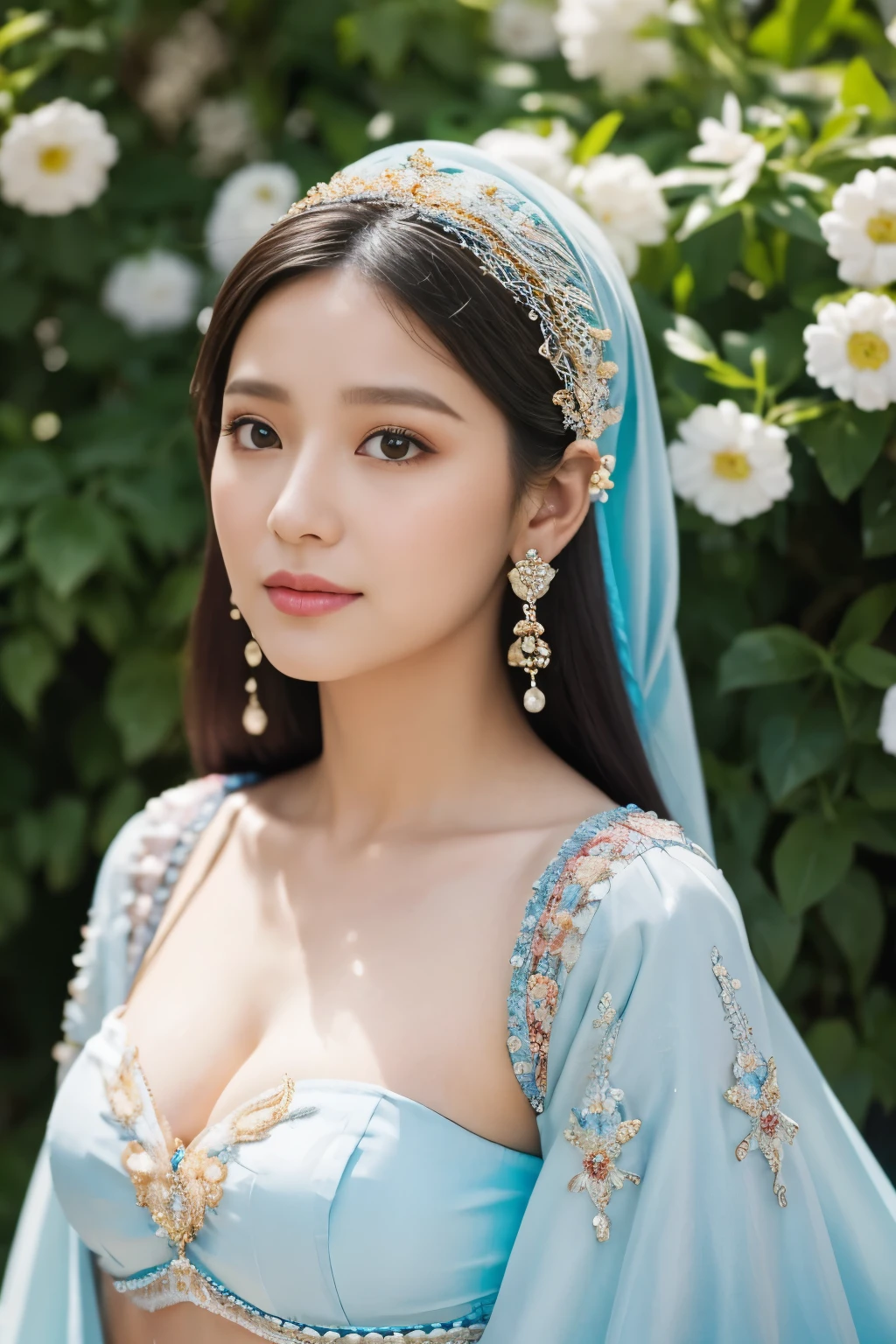 colorful, sky, flowers, magical, fantasy, tale, top-quality,Beautiful detailed hijabi,Bewitching face,tzuyu iu yooa ,long lashes,Wearing a colorful bellydancer,Detailed details,Colossal ,With cleavage, underboob, sideboob,stares at the camera、javanese castle