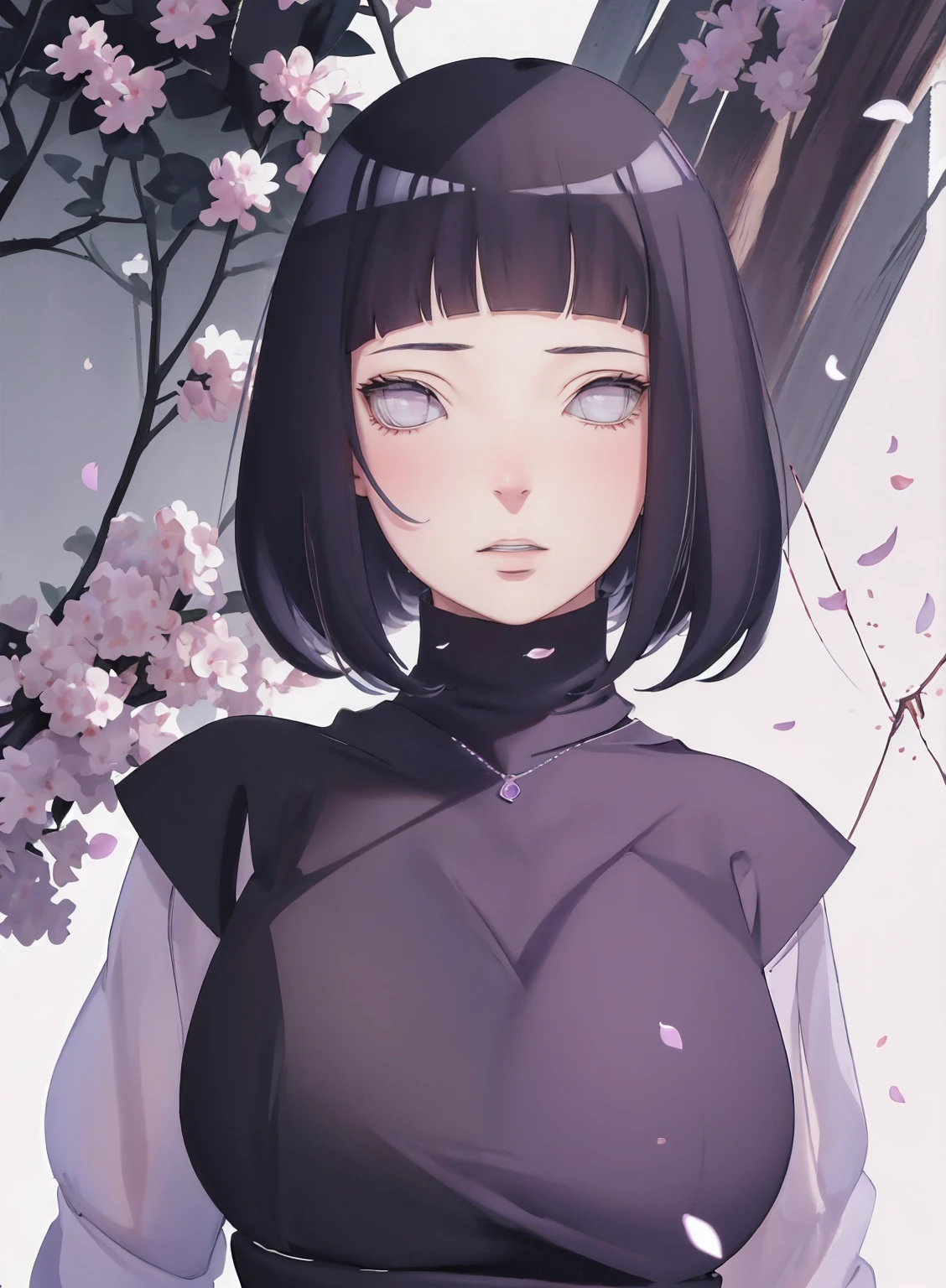{ - anatomy error} (Masterpiece - Ultra-detailed, very high resolution) (huge titusty, masterpiece, absurdres, hinata\(boruto\), 1girl, solo,mature female, lilac turtleneck blouse, black pant, looking at viewelling petals), perfect composition, detailed lips, big breast, beautiful face, body propotion, blush, (pink lips), short hair, (black hair), purple eyes, soft gaze, super realistic, detailed, photoshoot, realistic face and body, closed mouth , lilac eyes, upper body, hidden hands, perfect fingers, inocent face, portrait, , backwards, looking back, dynamic poses