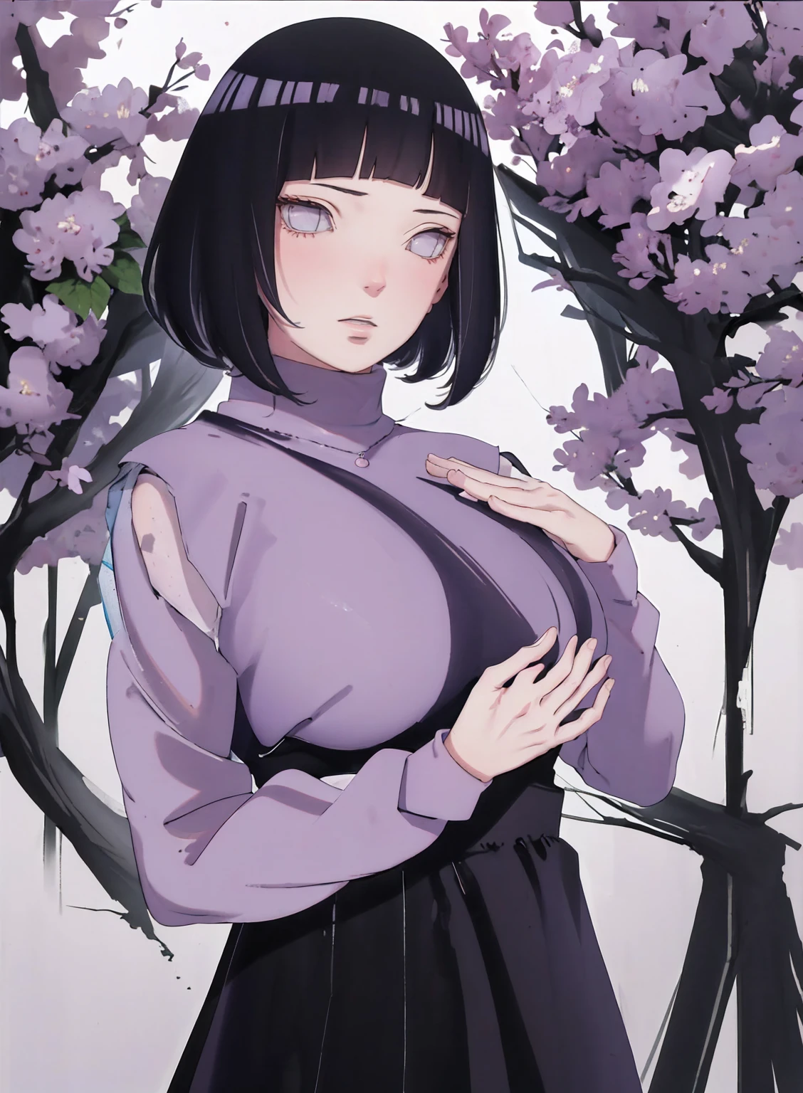 { - anatomy error} (Masterpiece - Ultra-detailed, very high resolution) (huge titusty, masterpiece, absurdres, hinata\(boruto\), 1girl, solo,mature female, lilac turtleneck blouse, black pant, looking at viewelling petals), perfect composition, detailed lips, big breast, beautiful face, body propotion, blush, (pink lips), short hair, (black hair), purple eyes, soft gaze, super realistic, detailed, photoshoot, realistic face and body, closed mouth , lilac eyes, upper body, hidden hands, perfect fingers, inocent face, portrait, , backwards, looking back, dynamic poses