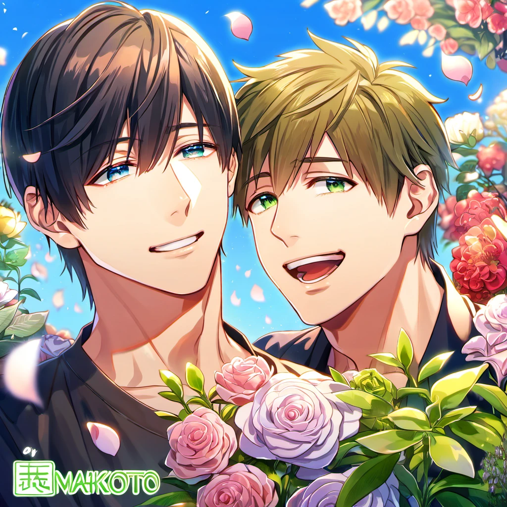 absurdres, highres, ultra detailed, HDR, master piece, best quality, Tachibana Makoto, brown hair, expressive green eyes, Free, Nanase Haruka, black hair, expressive blue eyes, 2men together, gay couple, handsome, garden, petals