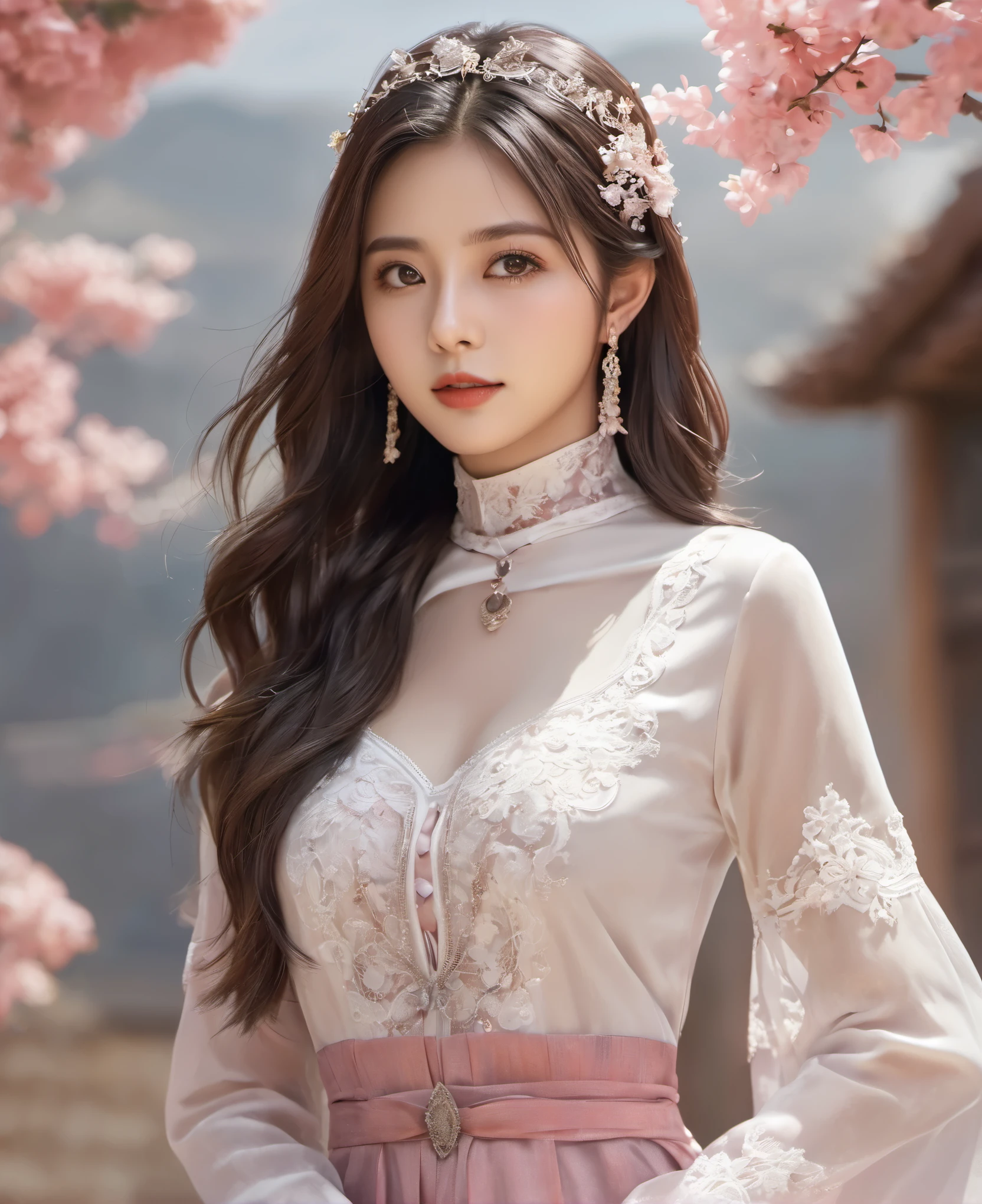 (8K,best quality,masterpiece:1.2),Ultra-high detail,Professional lighting,best quality,Ultra-high resolution,Visually stunning,Character Close-up,A woman standing next to a dead tree,Her long hair fluttered slightly in the wind,The white dress she wore spread out on the snow,Like a beautiful painting,Real human skin,(Perfect body 1.3)Super delicate face。